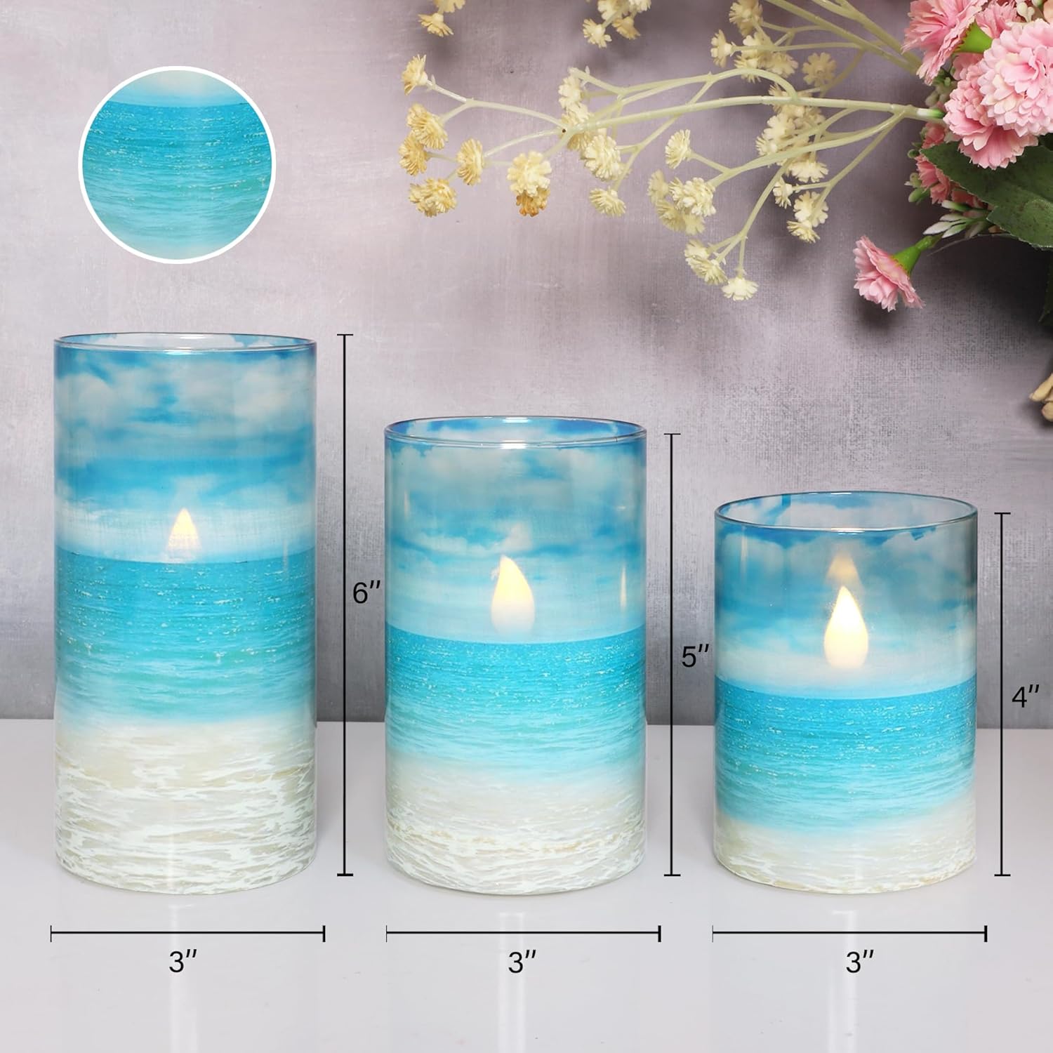 Blue Flickering Flameless Candles with Remote - Glass Battery Operated LED Pillar Candles for Beach/Coastal Theme Wedding Decorations (Set of 3)