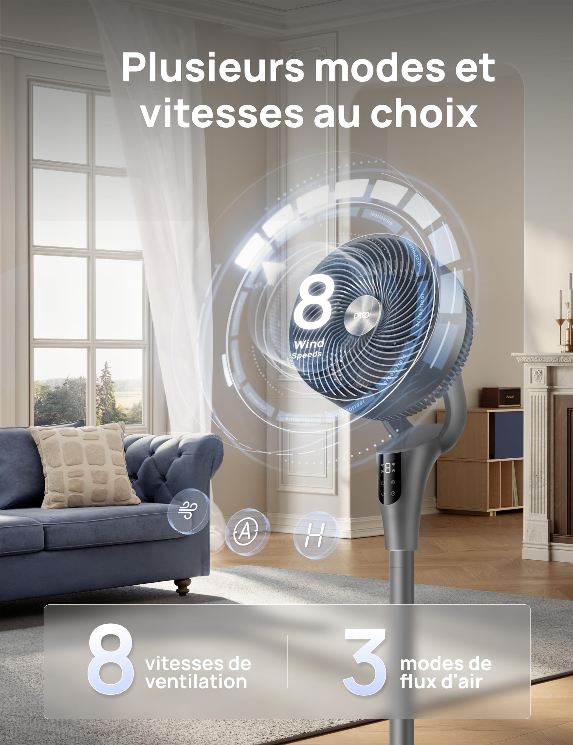DREO Ventilateur sur Pied Silencieux pour Chambre [Amélioré], Flux d’Air 27m, 20dB, Oscillation 90°, Moteur DC, 8 Vitesses, 3 Modes, Hauteur 96–106 cm, Minuterie 8H, Inclinaison 105°