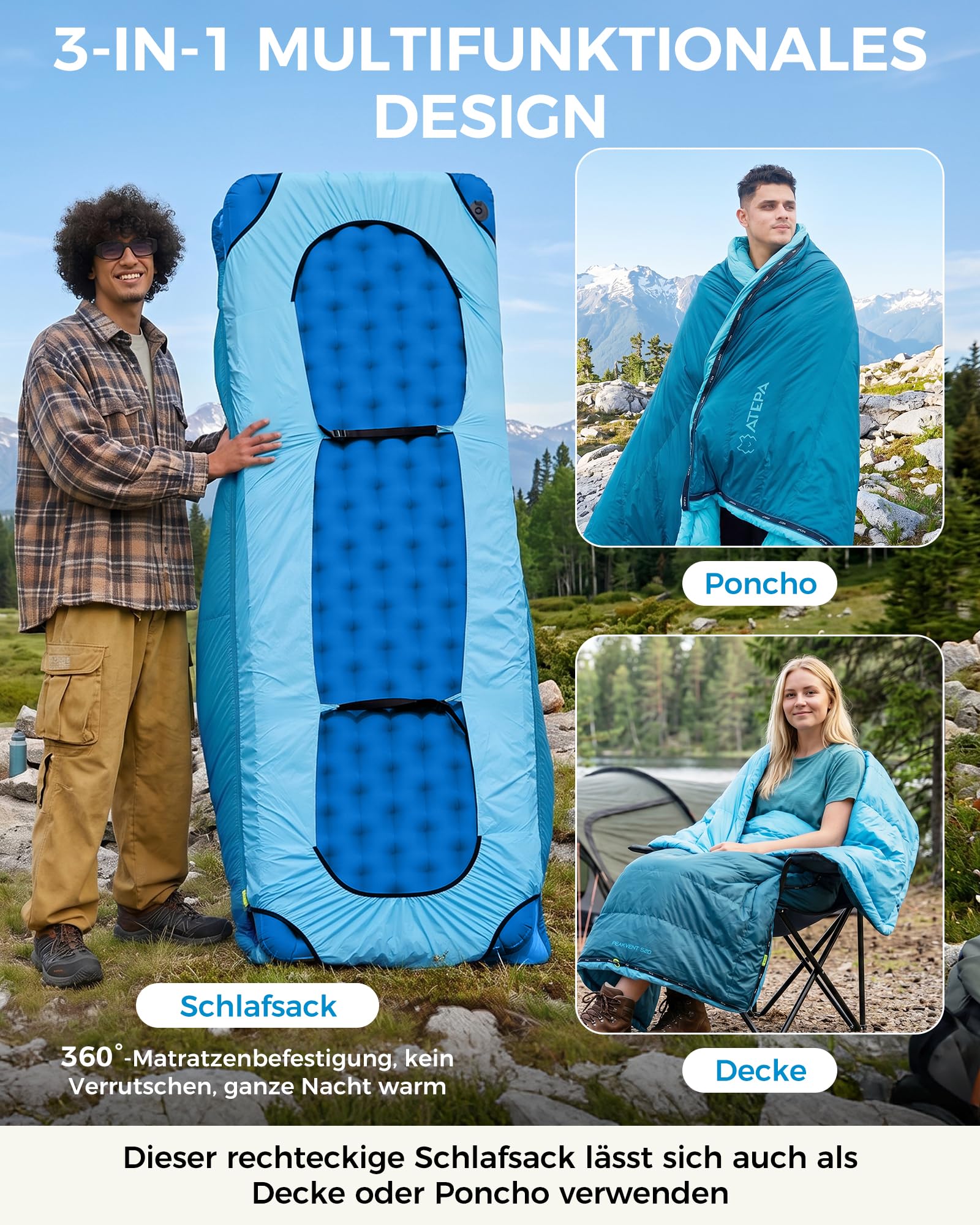 ATEPA Saco de dormir de invierno, 3 en 1, saco de dormir para exteriores, tamaño pequeño, XXL, 4 estaciones, cálido saco de dormir de plumón, impermeable, ideal para adultos en viajes, aventuras y