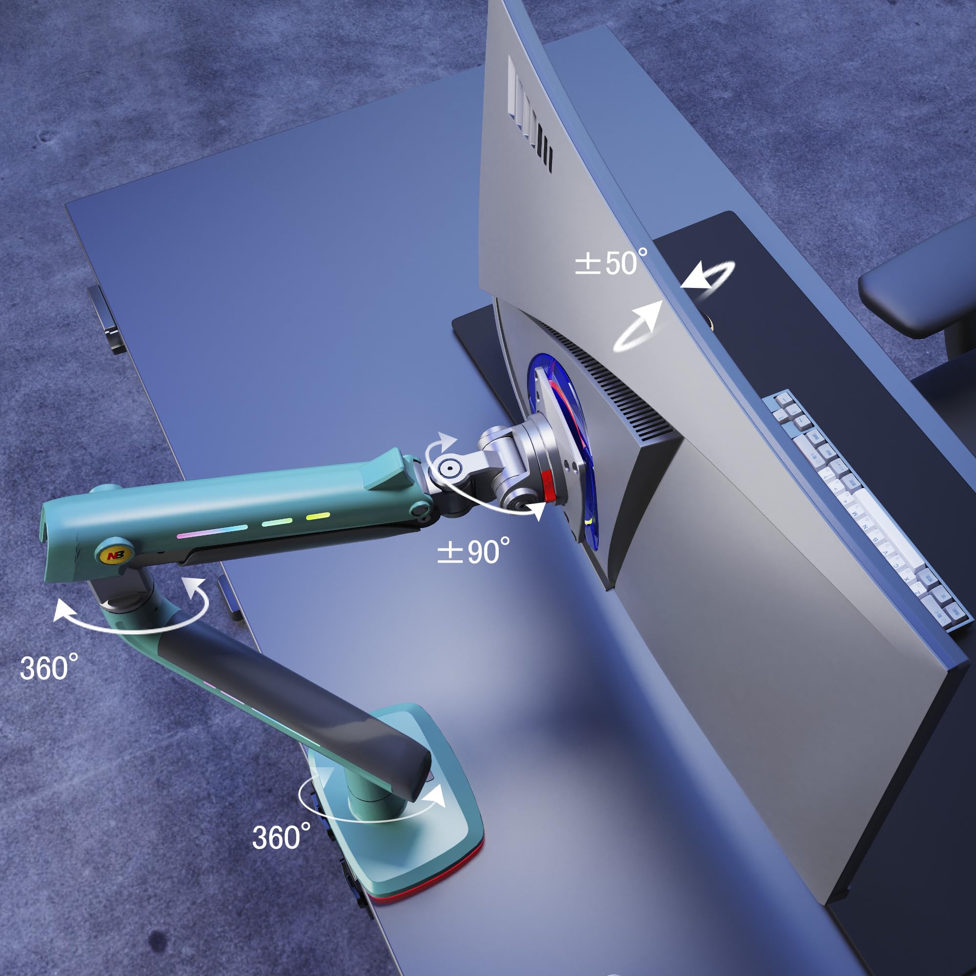 NB Ergonomic RGB Braccio Monitor per da 32 a 60 Pollici Schermo Piatti Ultrawide Curvi, Supporto per Monitor Resistente Carico fino a 20 kg VESA 75&100 mm (Verde)