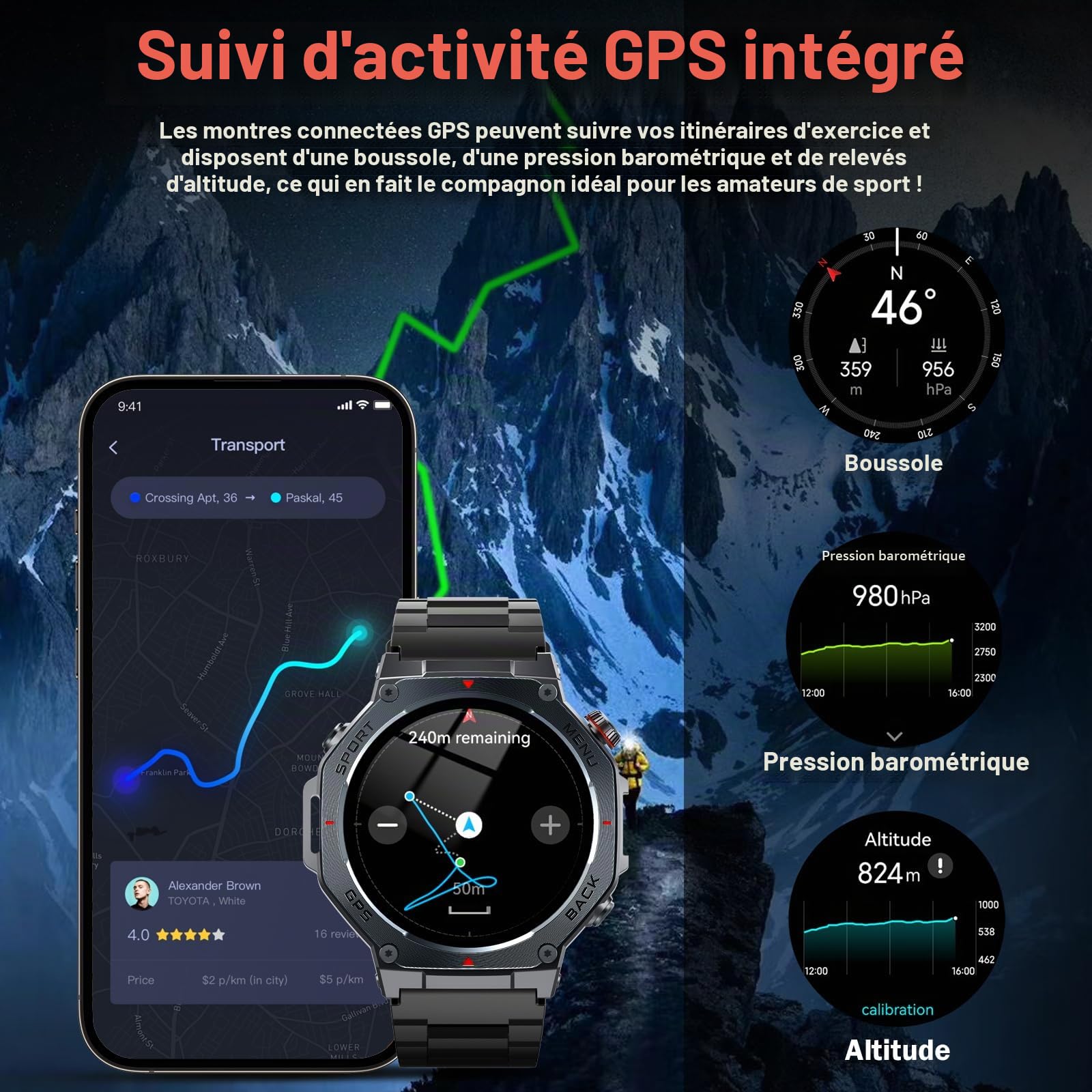 Montre Connectée Homme GPS, 1.43"AMOLED Smartwatch Torche LED 5ATM Étanche | Militaire Montre Sport Compass/GPS/SOS/Fréquence Cardiaque/Sommeil, Montre Intelligente Appel Bluetooth pour Android iOS Noir