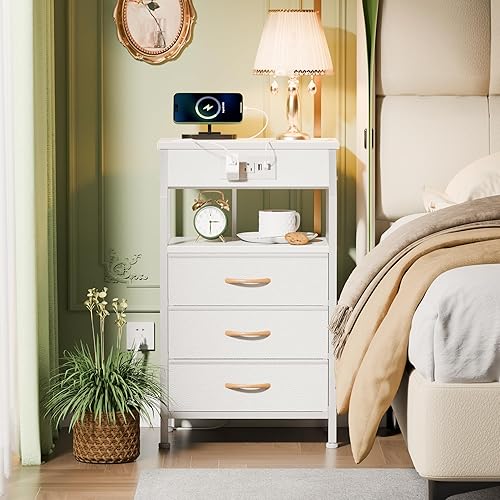 Miniatura 2 de Furnulem Night Stand with Charging Station, 28.3 Inch Tall Bedside Table with PVC Drawers, End Table with USB Ports and Outlets, 3 Fabric Drawer