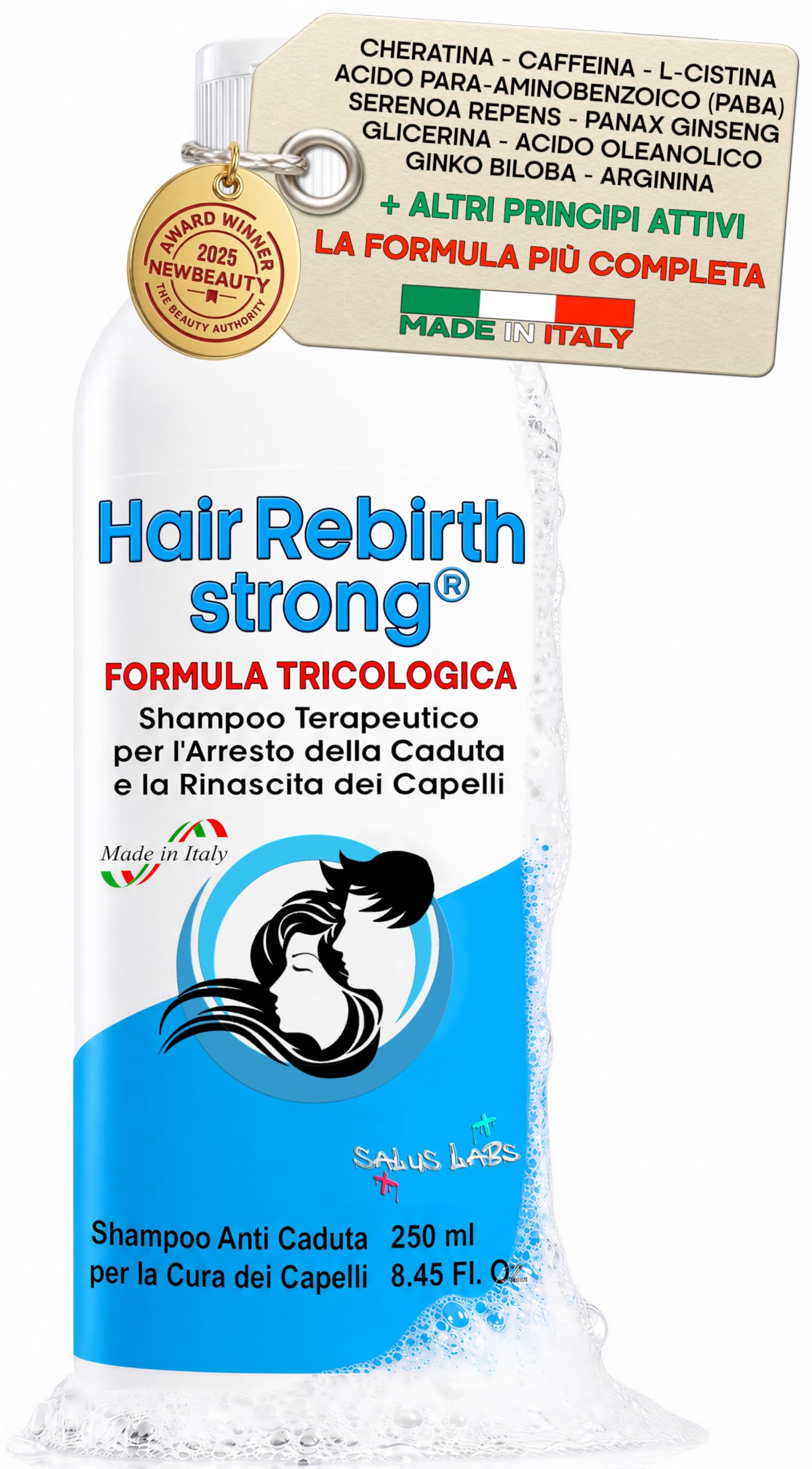 HAIR REBIRTH STRONG * Shampoo 250 ml * Il Miglior Shampoo Anticaduta e Ricrescita * Formula Tricologica con Cheratina Caffeina e Biotina * Made in Italy 100% * Rinascita dei Capelli * Registrato CPNP