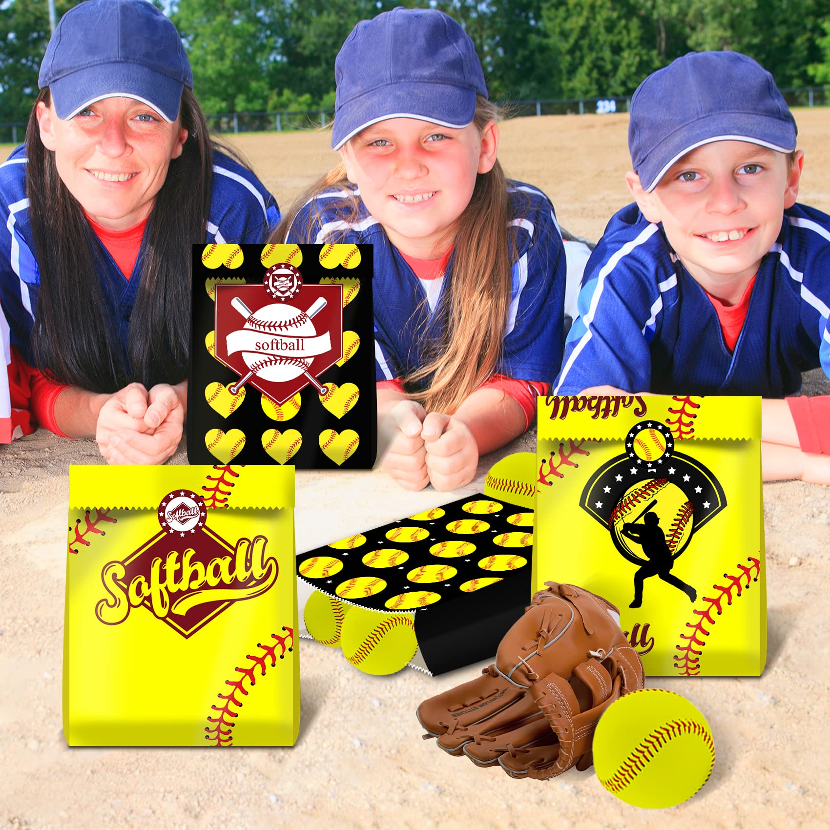 BQK 24 PCS Softball Gift Bags Softball Goodie Bags Softball Treat Bags for Softball Birthday Party Supplies Softball Snack Bags for Girls Team Boys Kids