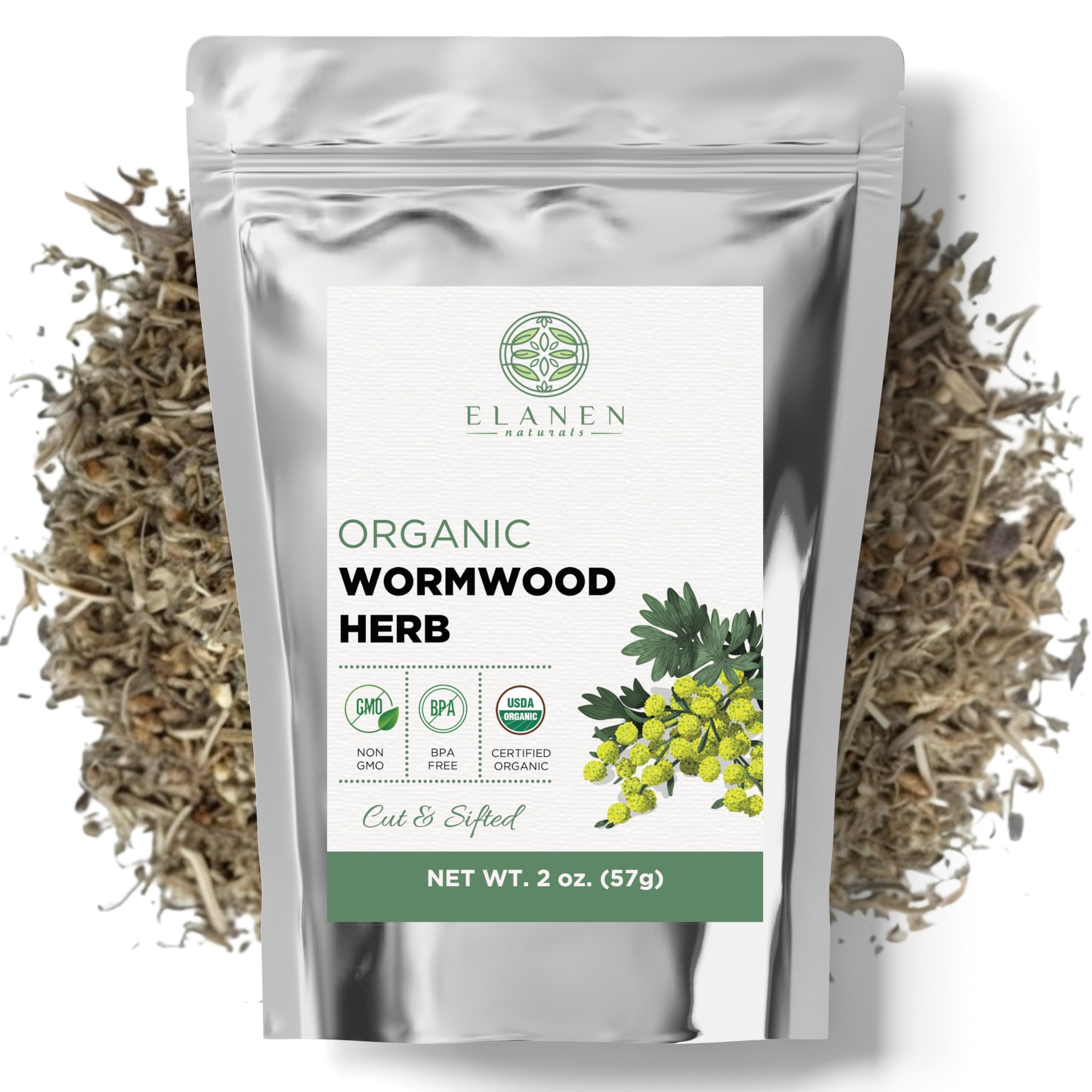 Elanen Naturals Organic Wormwood Herb 2 oz. (57g), USDA Certified Organic Artemisia absinthium, Wormwood Herb Tea, Worm Wood, Ajenjo, Cut & Sifted