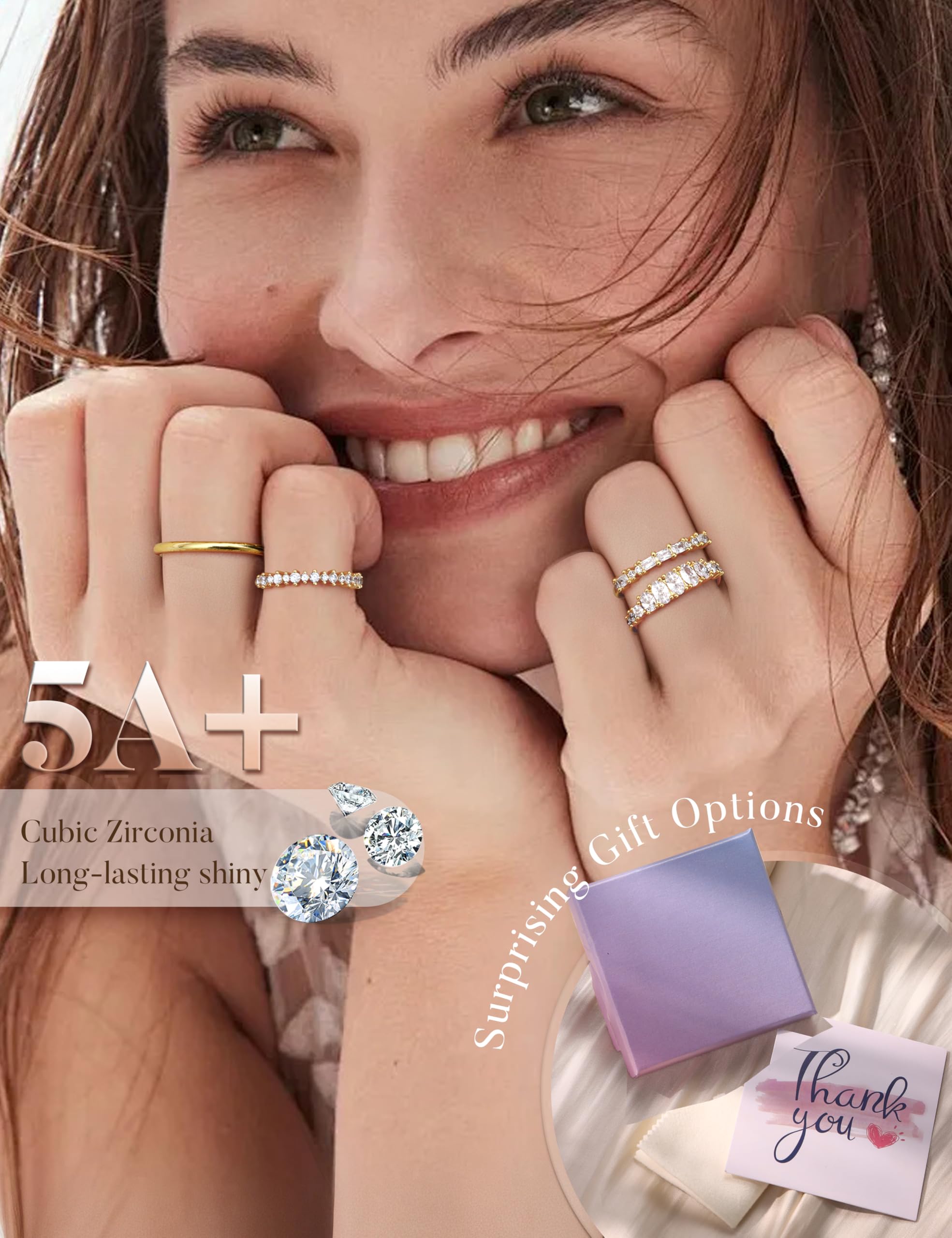 Anillos apilables de oro para mujer, no se deslustra, delicadas alianzas de boda de circonita cúbica, juego de anillos minimalistas de moda, anillos de compromiso para el pulgar, tallas 5-10 4