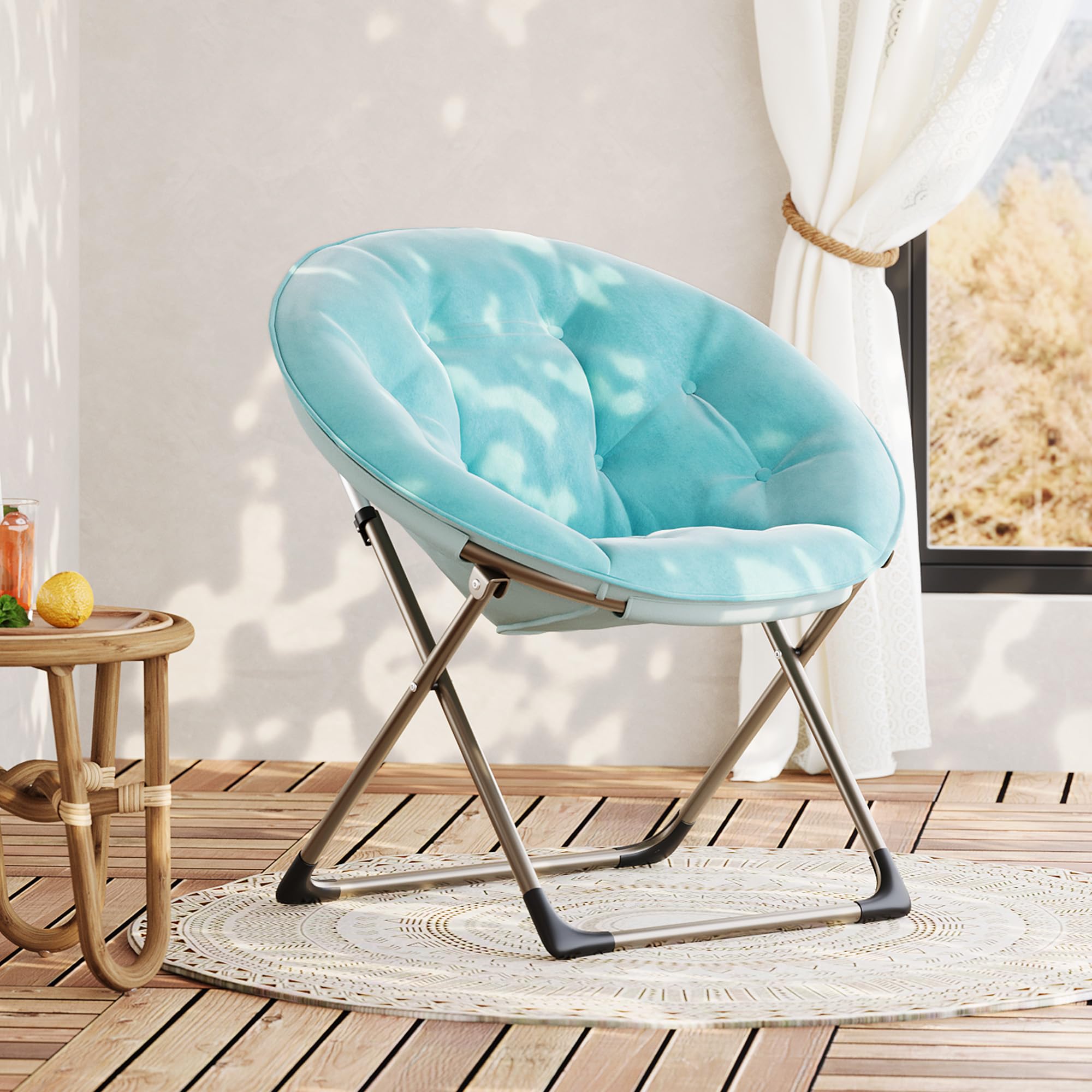 Zstar Silla Plegable Tipo sillón Redondo, Terciopelo Acolchado, Marco de Metal, para salón y Dormitorio, 58×52×82 cm,Azul