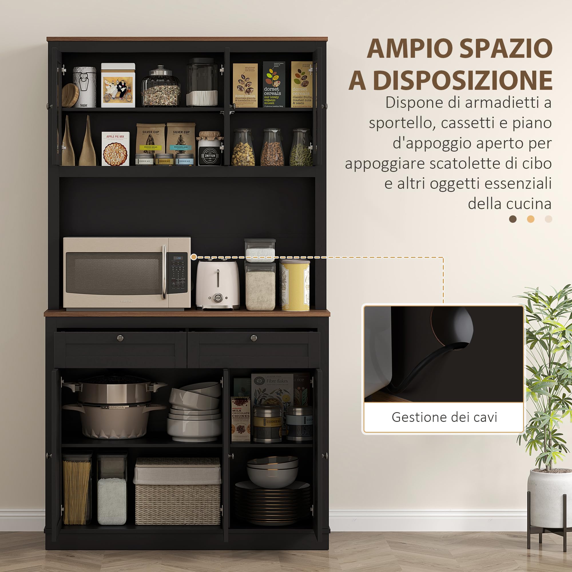 HOMCOM Credenza Cucina Alta 2 Cassetti Portamicroonde 100x40x180cm Nero | Con Armadietti, Mobile Dispensa Stretto, Ante in Vetro, Ripiani Regolabili, Soggiorno Sala da Pranzo
