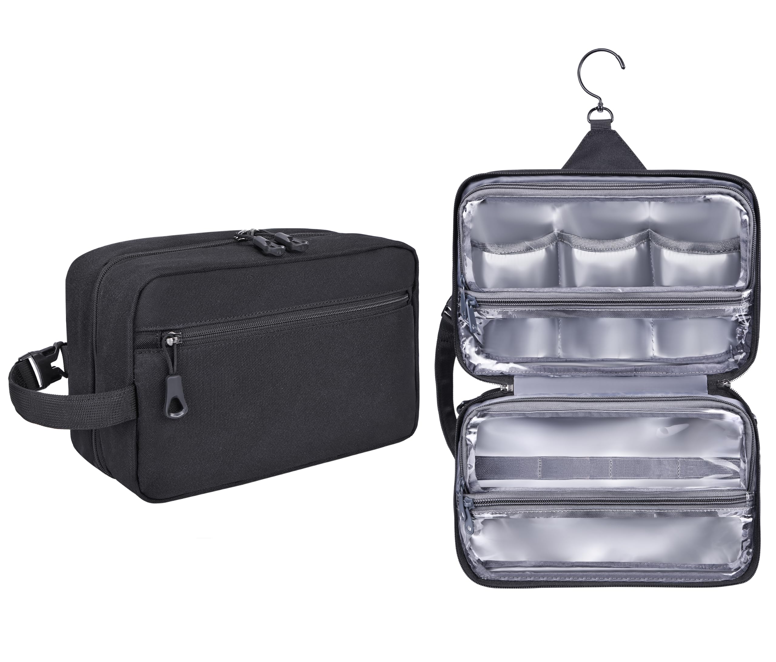 HILOMON Neceser para hombre, con cremalleras YKK, para colgar en el baño, ducha, con gancho giratorio de metal XXL, gran comparación, impermeable para accesorios de viaje, Negro -, 10.6x6.7x4.3,