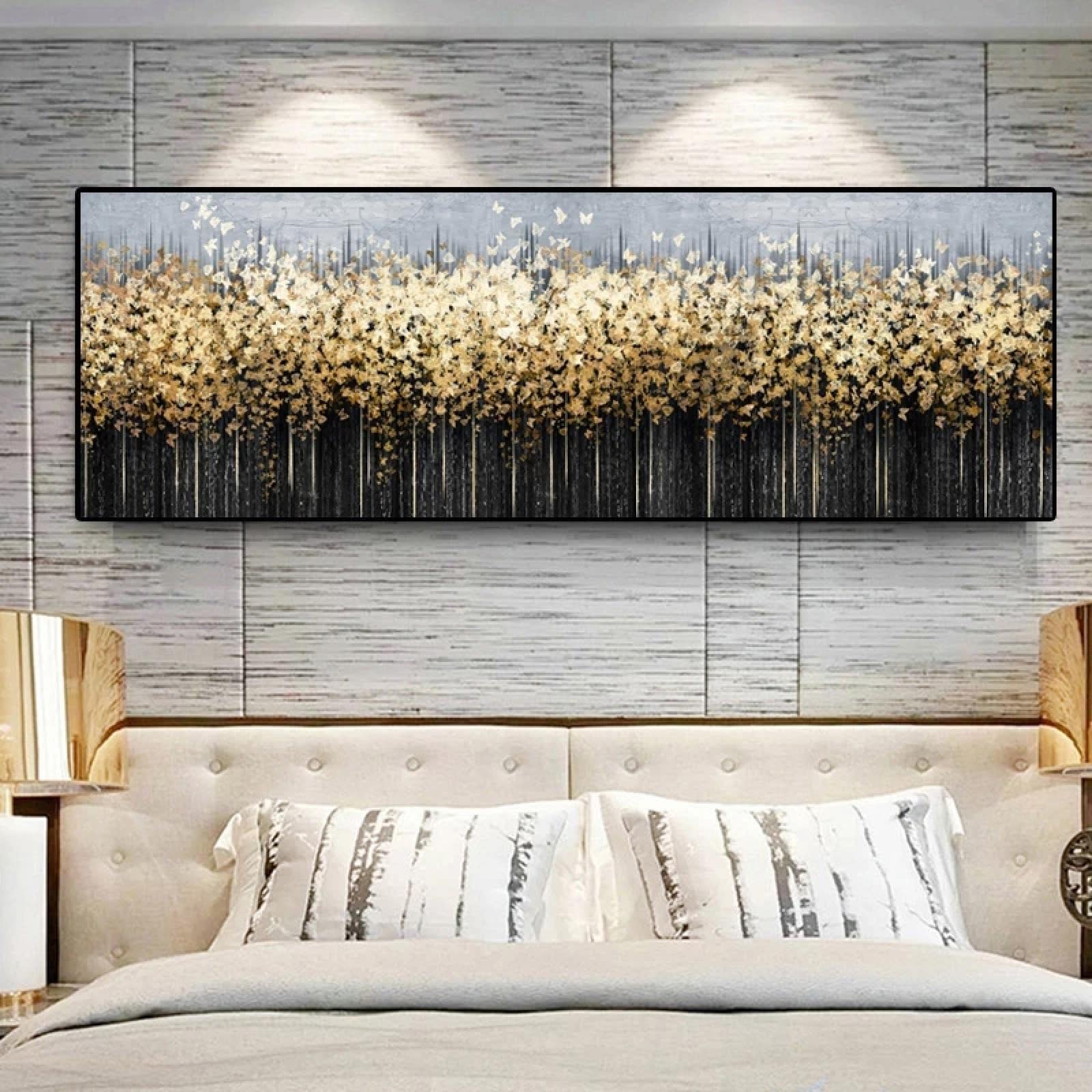 Jianghu Art With Frame Abstract Wall Art Decor Golden Tree Leaf Canvas Painting Gold Butterfly Posters Modern Wall Pictures For Living Room 50X150cm(20X59in)