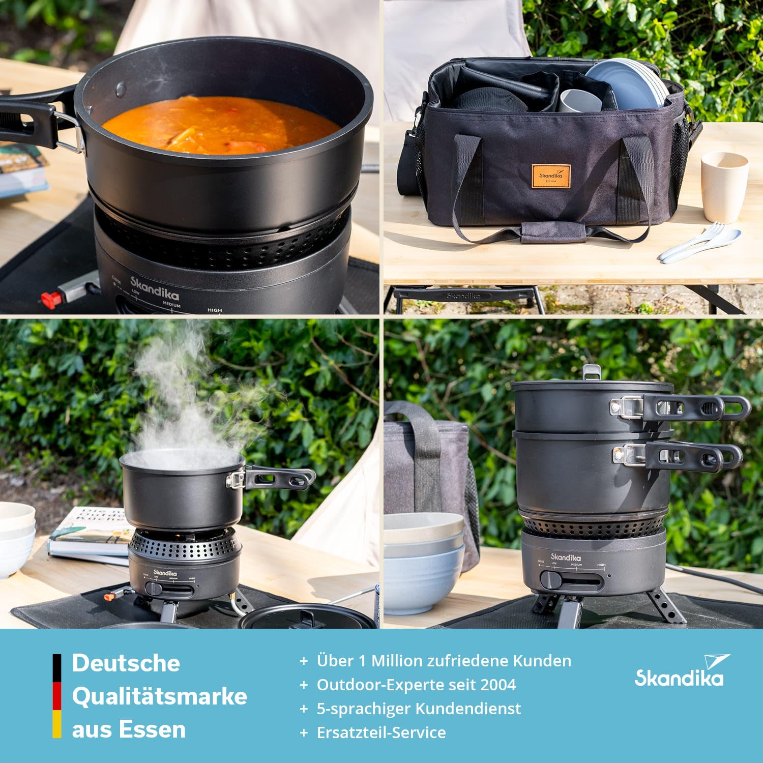 Skandika Fornello da campeggio Rask | Fornello da campeggio ibrido, 2 in 1, funzionamento a elettricità o gas, accensione piezoelettrica, con utensili da cucina (Set con base e borsa | nero)