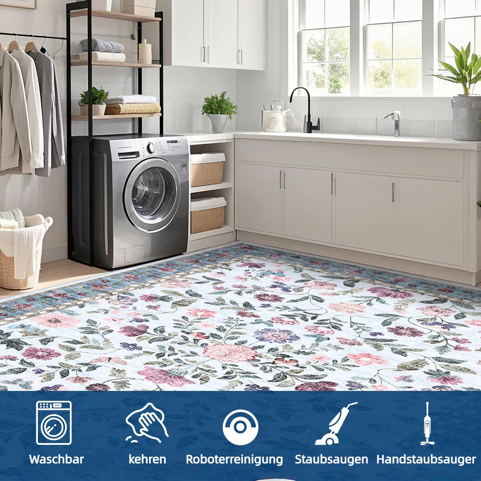 CAROMIO Vintage Blumenmuster Teppich Wohnzimmer 160x230 cm Kurzflor Blau | Waschbarer Teppich Blumenmuster, Vintage Kurzflor Boho Rutschfest Faltbar