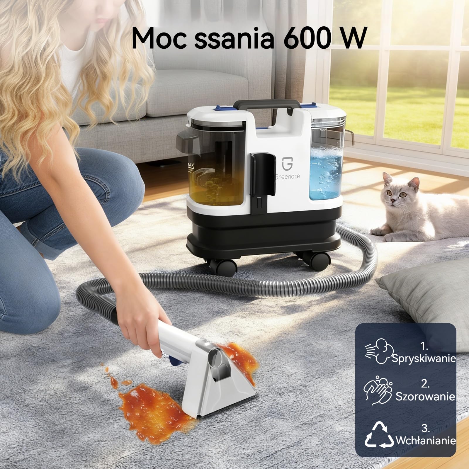 Greenote Odkurzacz Piorący 600W, 4 obrotowe kółka dla łatwości manewrowania, Kompaktowe przechowywanie, Samoczyszczący wąż, Mocne ssanie, Zbiorniki 1,8L/0,8L, Wąż 1,5m i przewód 5m