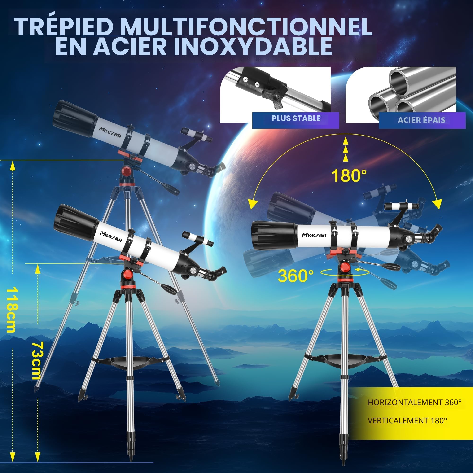 MEEZAA Télescope, Télescope Astronomique Adultes Professionnel, 90 mm Ouverture 800mm Portable et Puissante 32x-240x Télescopes Réfracteur pour Enfants et Débutants pour Observer la Lune et Planètes