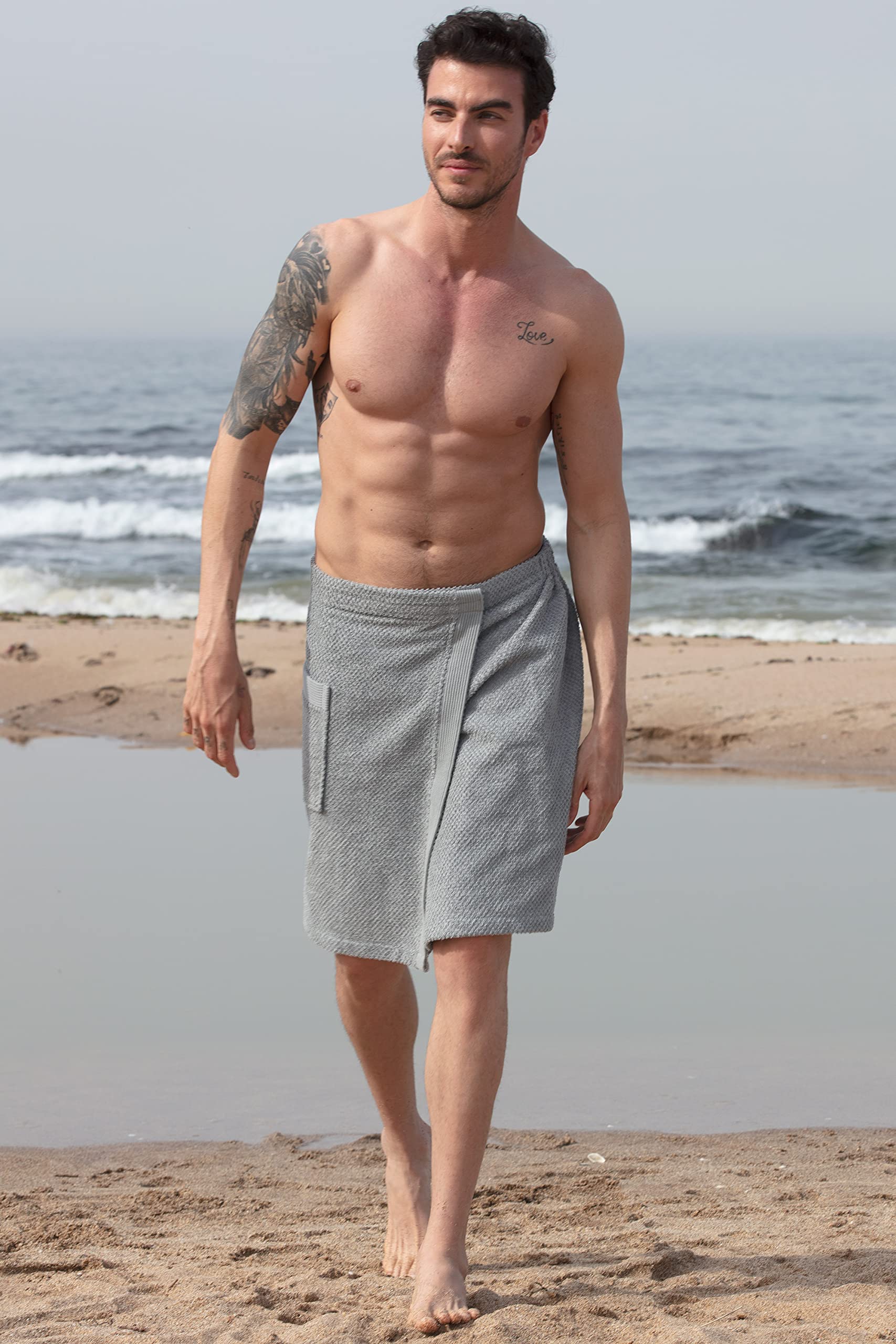 SEYANTE 100% Turkish Cotton Men's Towel Spa Wrap, Bath Towels with Adjustable Closure, Textured, Rice Weave Trim Terry Cloth Body Wrap (Small/Medium, Grey)