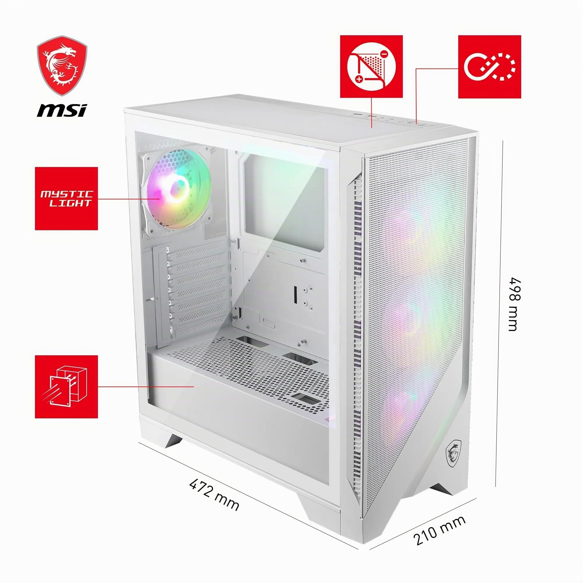 MSI mag Forge 320R Airflow White – Torre ATX Blanca con Máximo Flujo de Aire, Cristal Templado, 3 Ventiladores ARGB, USB 3.2, Chasis Gaming Premium