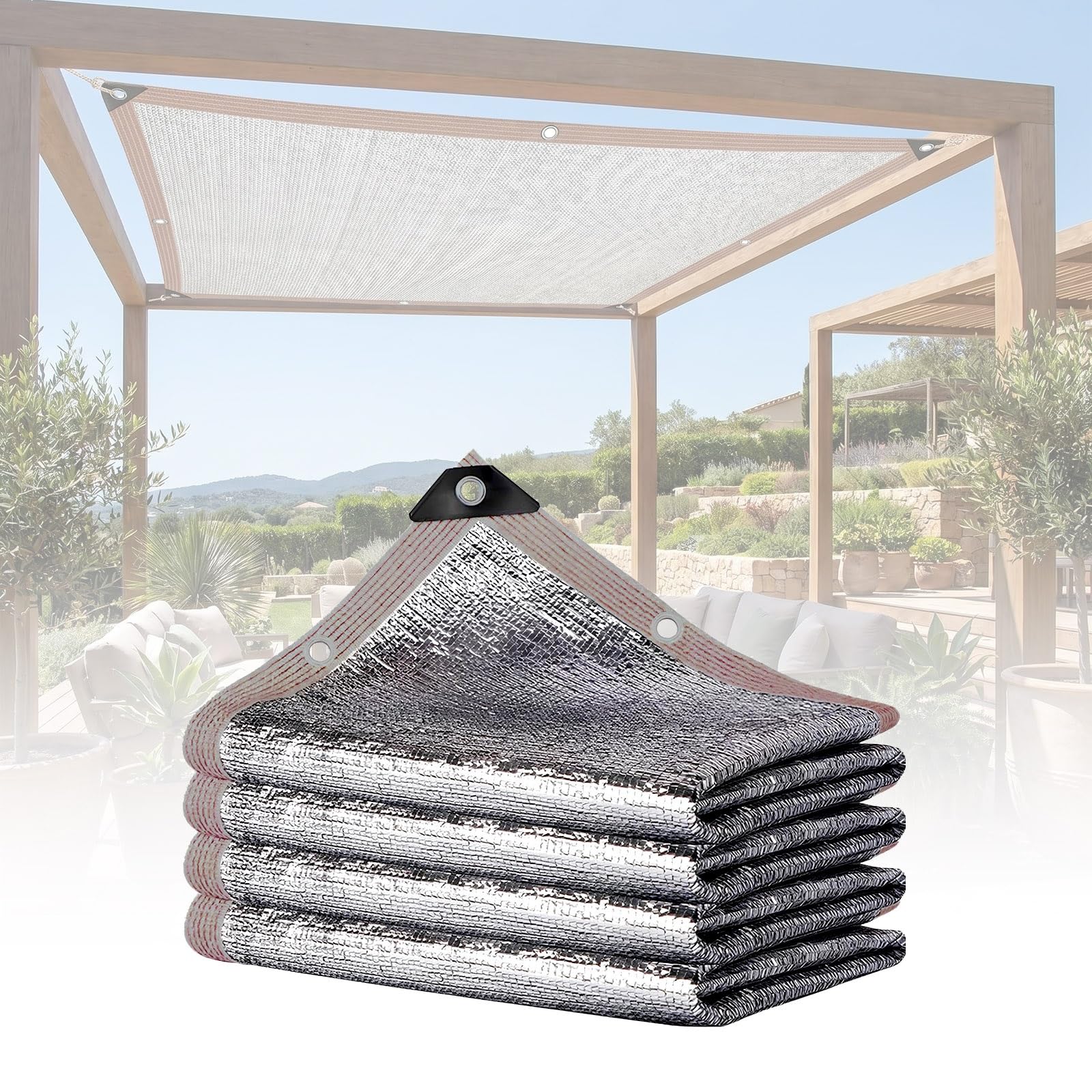 MBBTAG 98% Reflective Aluminum Shade Cloth, Mesh Tarp with Grommets, Sun Shade Net Cover for Car Cover, Patio Garden, Pergola, Plants Growing, greenhouse, Pools with Pull Rope(5x10m)
