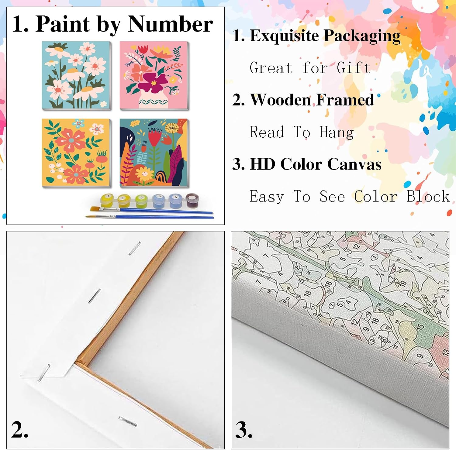 eimivrc 4 Pack Paint by Numbers Kit for Adults Framed,Flowers Paint by Numbers for Adults Beginner,DIY Acrylic Oil Painting for Home Wall Decor(8x8inch) image 5