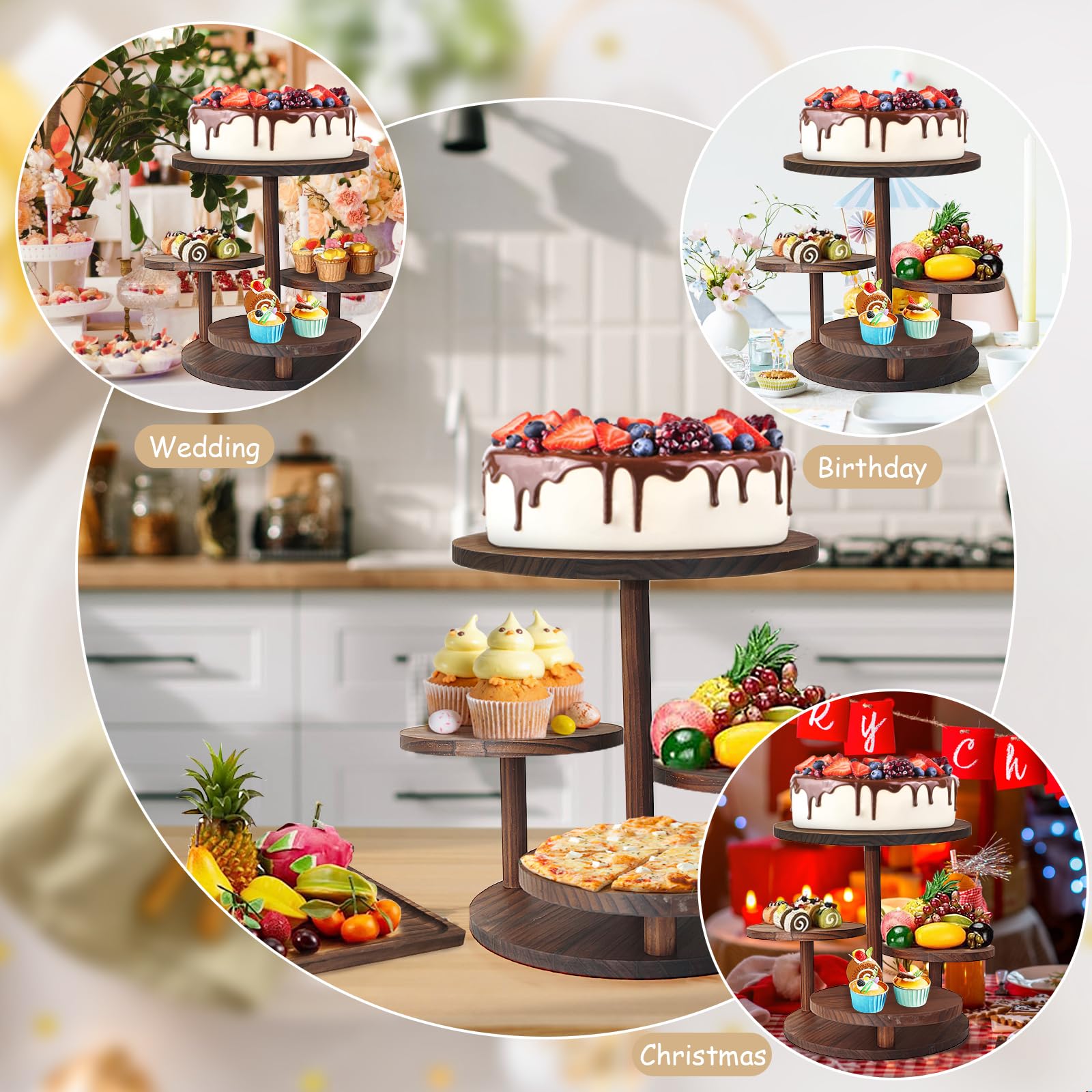 LARDUX Set di 5 alzate in legno con supporto a torre per cupcake a 5 livelli, vassoi da portata a torre a 3 piani, 2 piatti rotondi per torte, 1 piatto quadrato per dessert, salumi, snack per feste