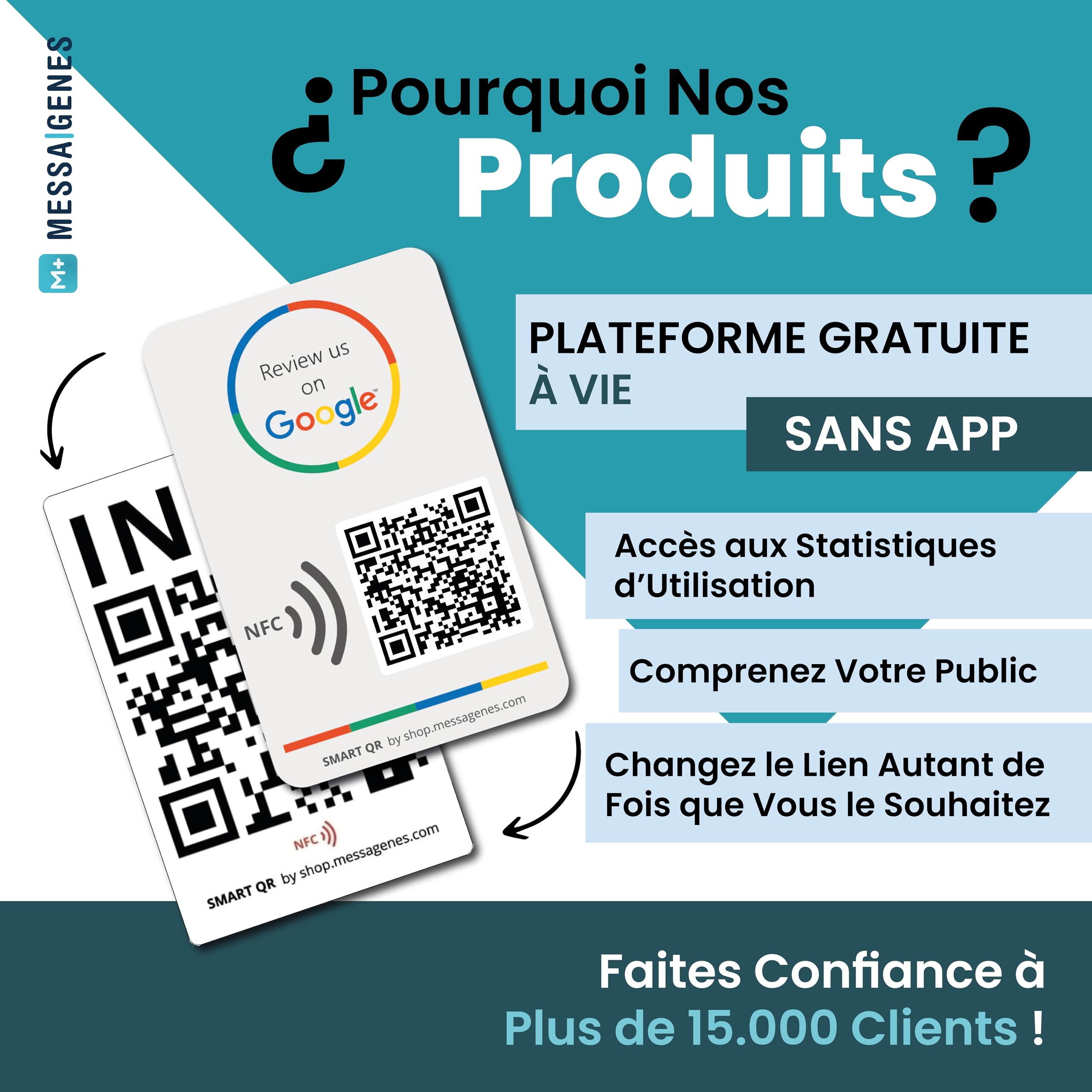 MESSAGENES | Carte Avis Google QR et NFC | Carte NFC Google Avis | PACK 2 Unités 12 x 8 cm | 2 Côtés | Plaque Google QR et NFC + INFO | Obtenez des Avis Facilement| Améliorez votre Classement Avis