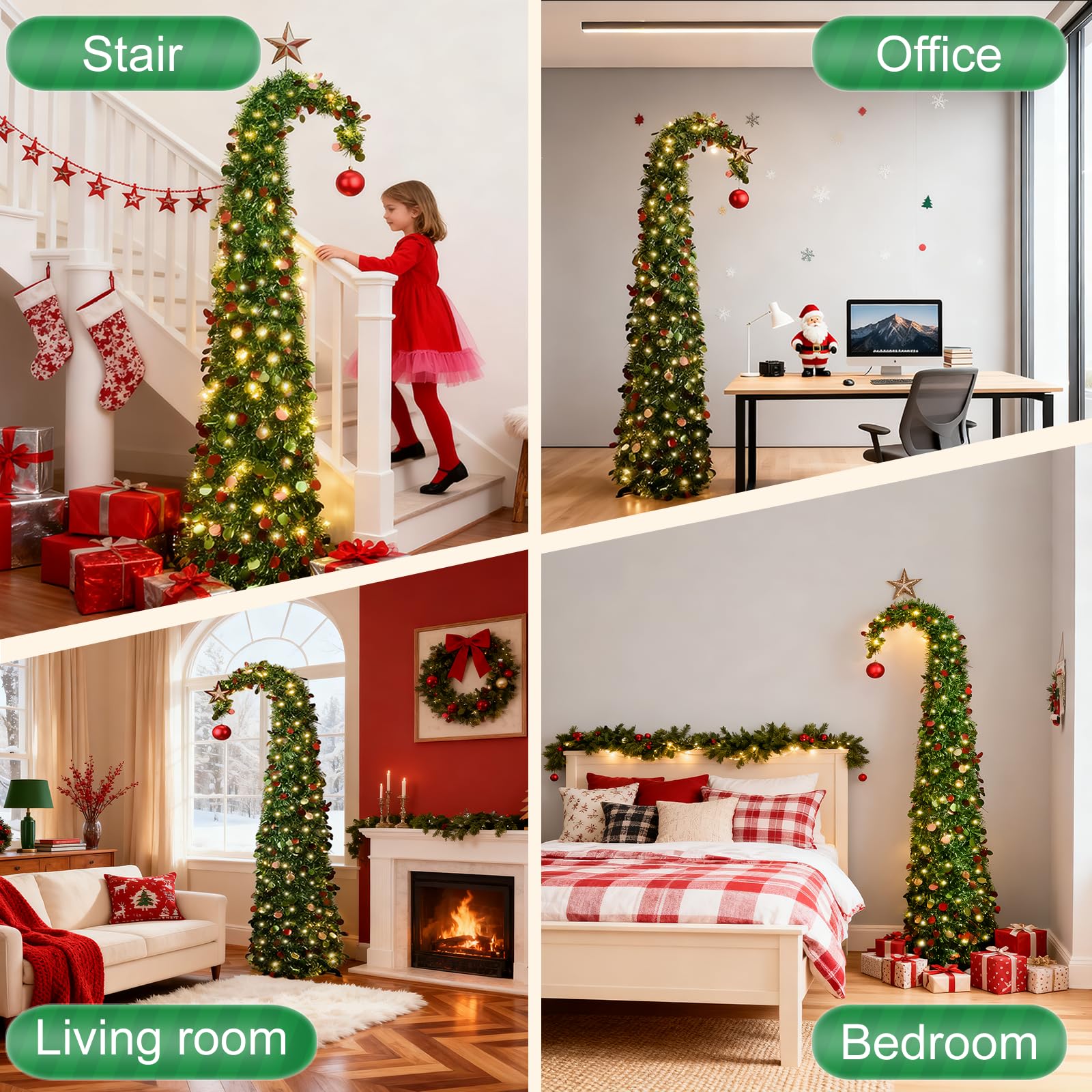 Albero di Natale Pop Up Slim 150 cm pieghevole con paillettes rosse e verdi, design con cappello curvo, decorazione natalizia veloce per casa, ufficio e soggiorno