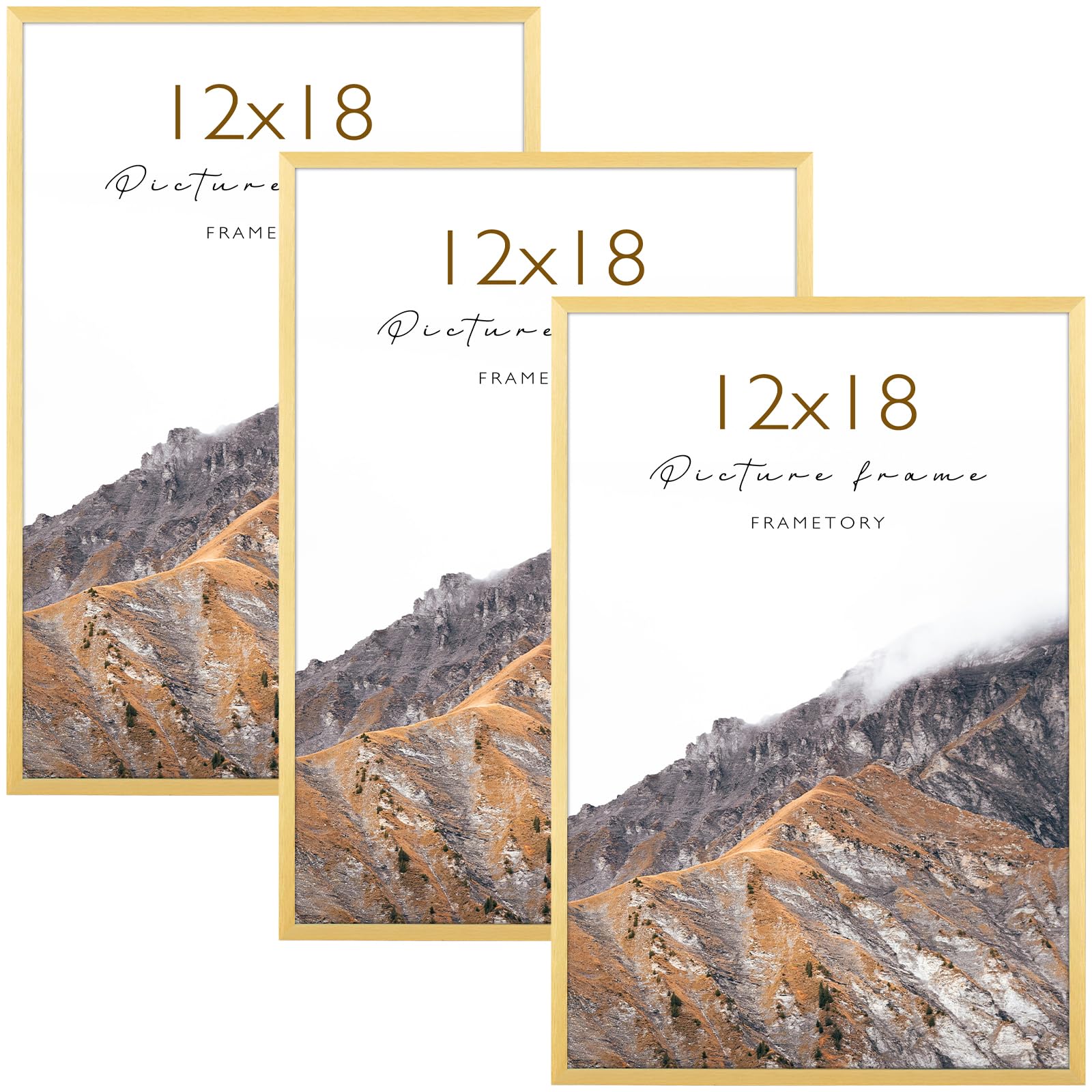 Frametory, 12x18 Aluminum Poster Frames, Acrylic Front, Thin Metal Picture Frame for 18x12 Photos, Horizontal/Vertical Wall Mount (3 Pack, Gold)