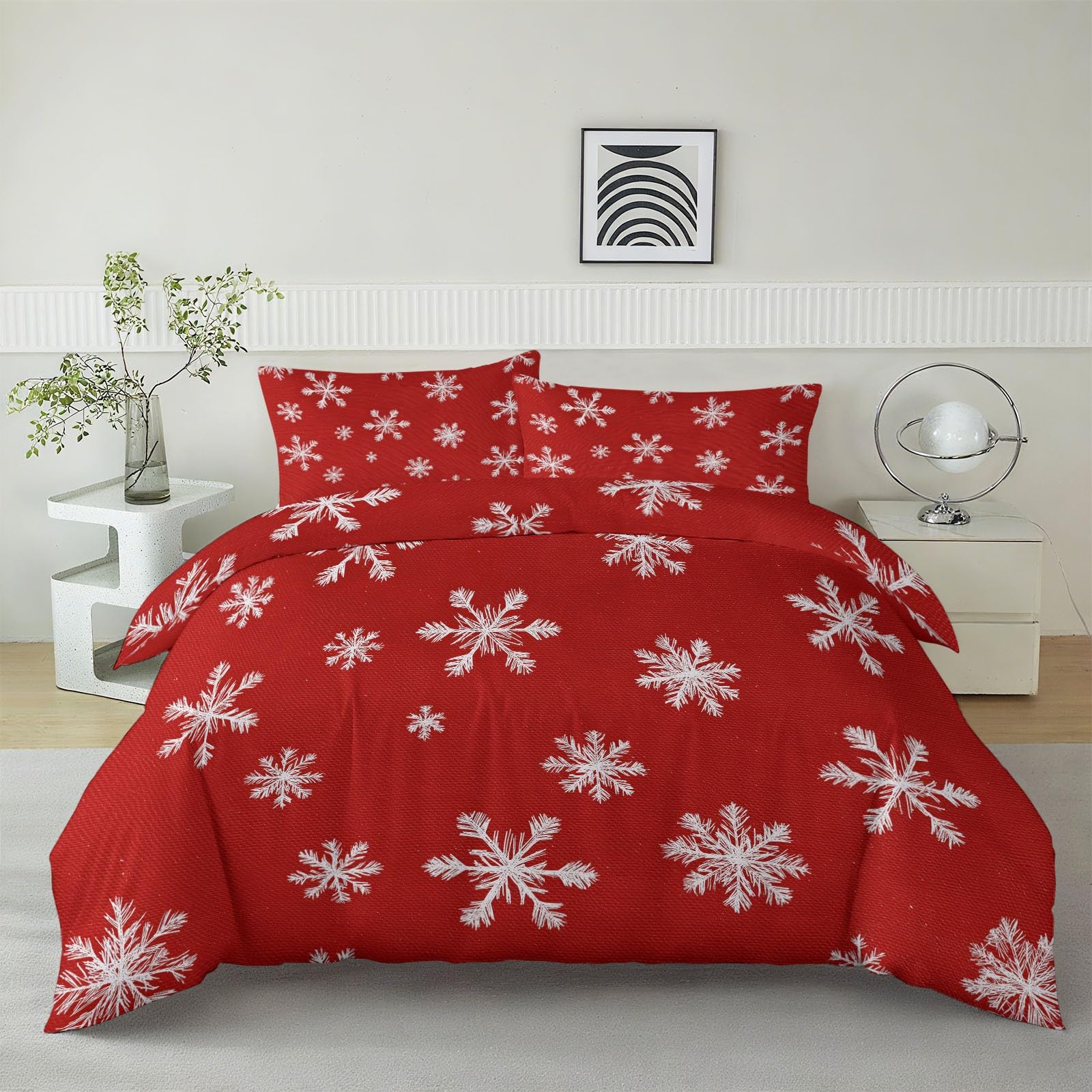 Housse de couette en microfibre douce avec fermeture éclair pratique et motif flocon rouge
