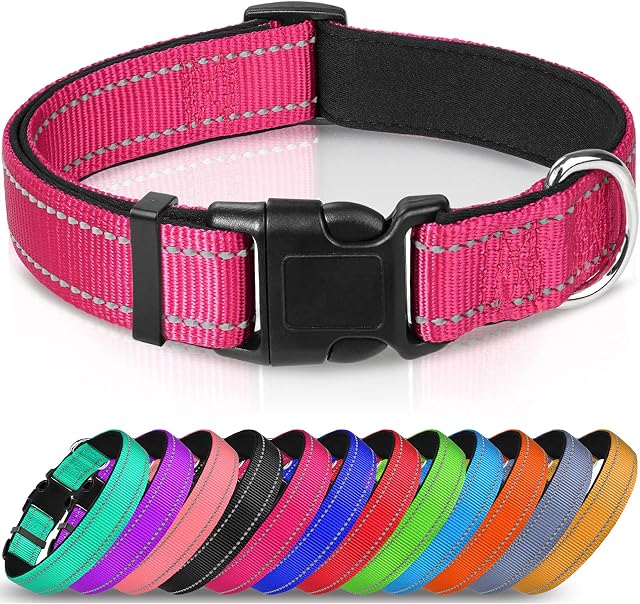 Joytale Reflective Dog Collar,Padded Breathable Soft Neoprene Nylon Pet Collar Adjustable for Small Dogs,S,Hotpink