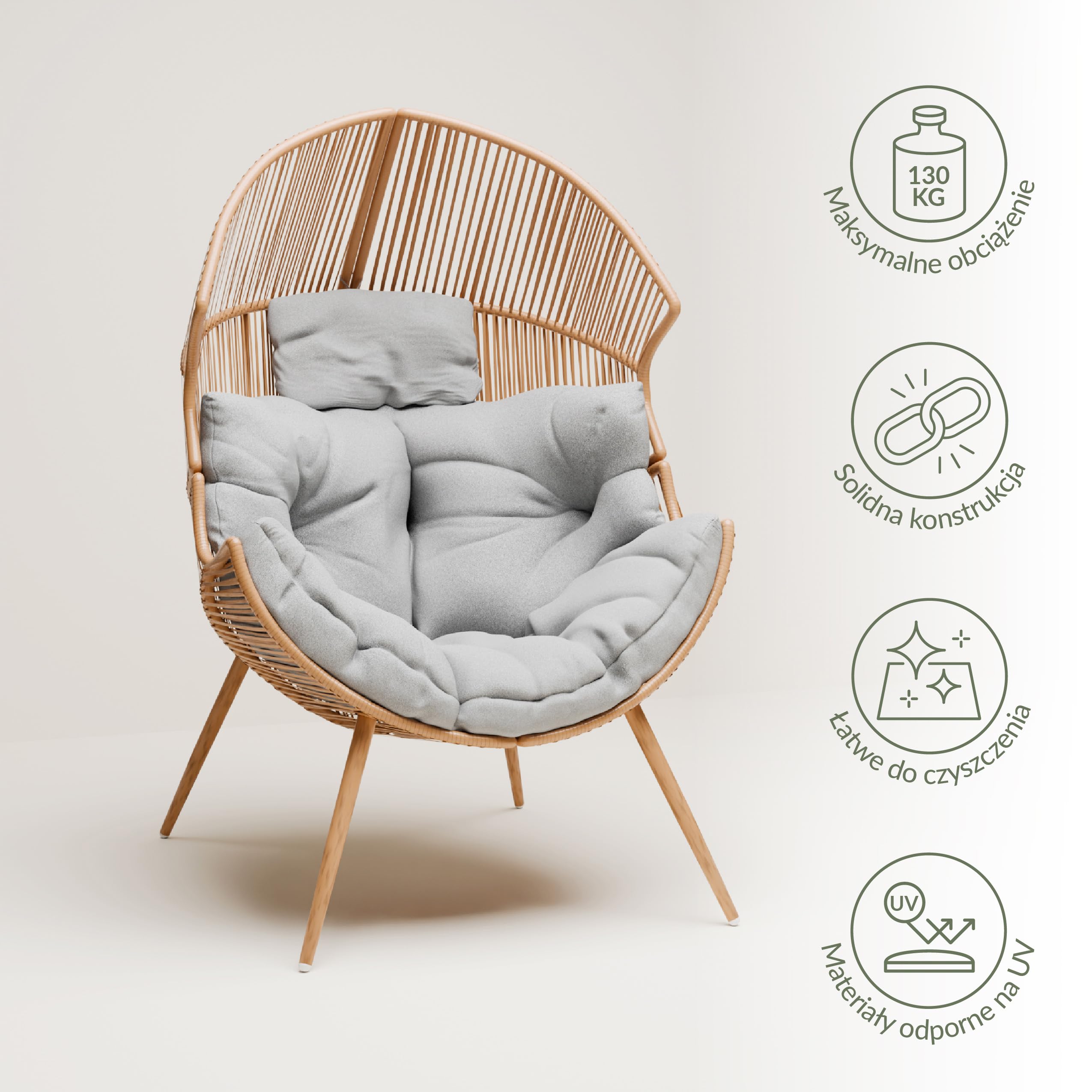 Summery, fotel rattanowy, odporny na warunki atmosferyczne, fotel ogrodowy z poduszką do siedzenia, fotel balkonowy, fotel wiklinowy na taras, poduszka odporna na działanie wody, szara, wyściełana