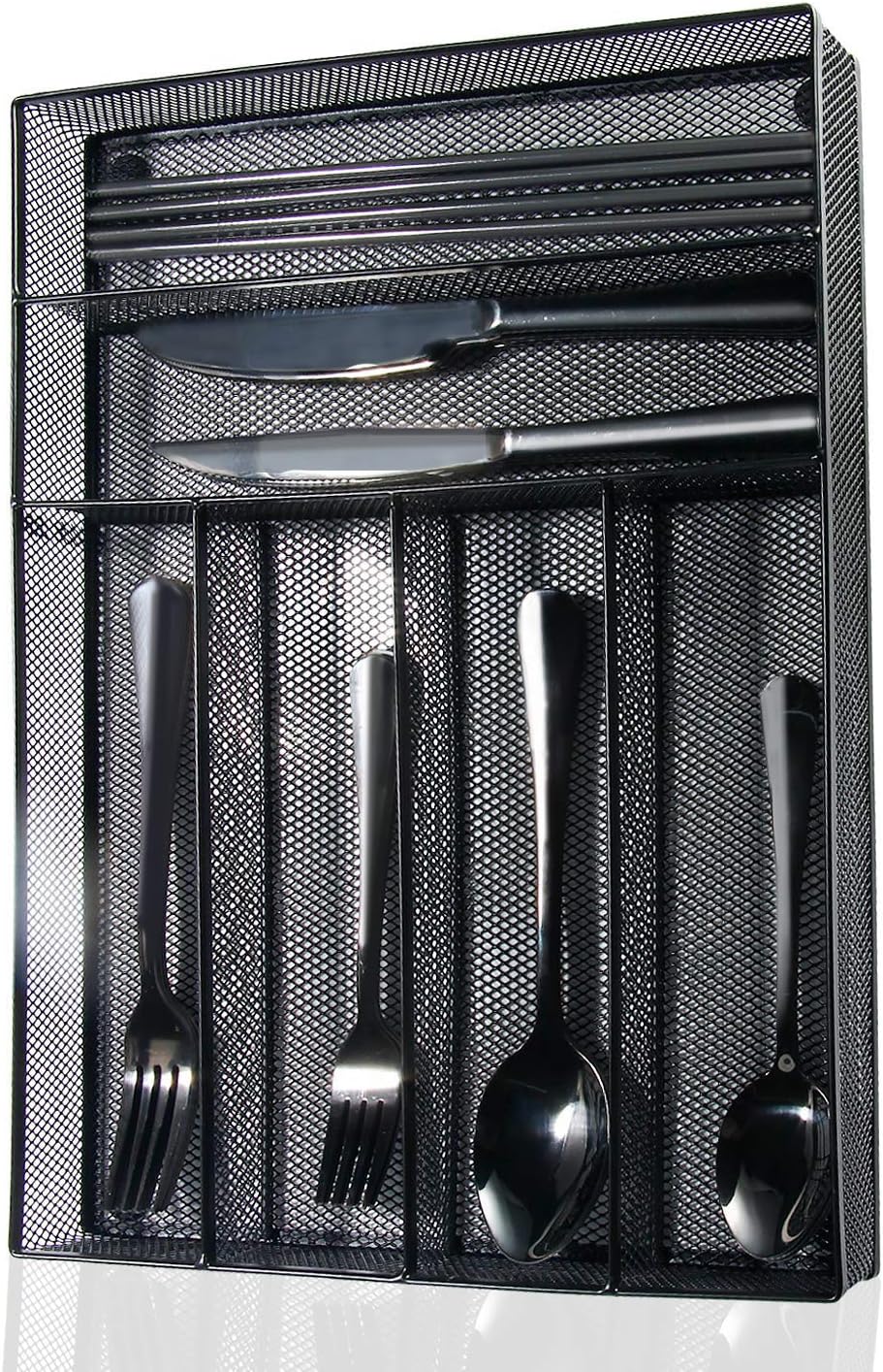 Silverware Set,WOAIWO-Q 28 PCS Stainless Steel Flatware Set for 4 People, Cutlery With Wire Mesh Holder Storage Trays Mirror Polish,Dishwasher Safe (Black)