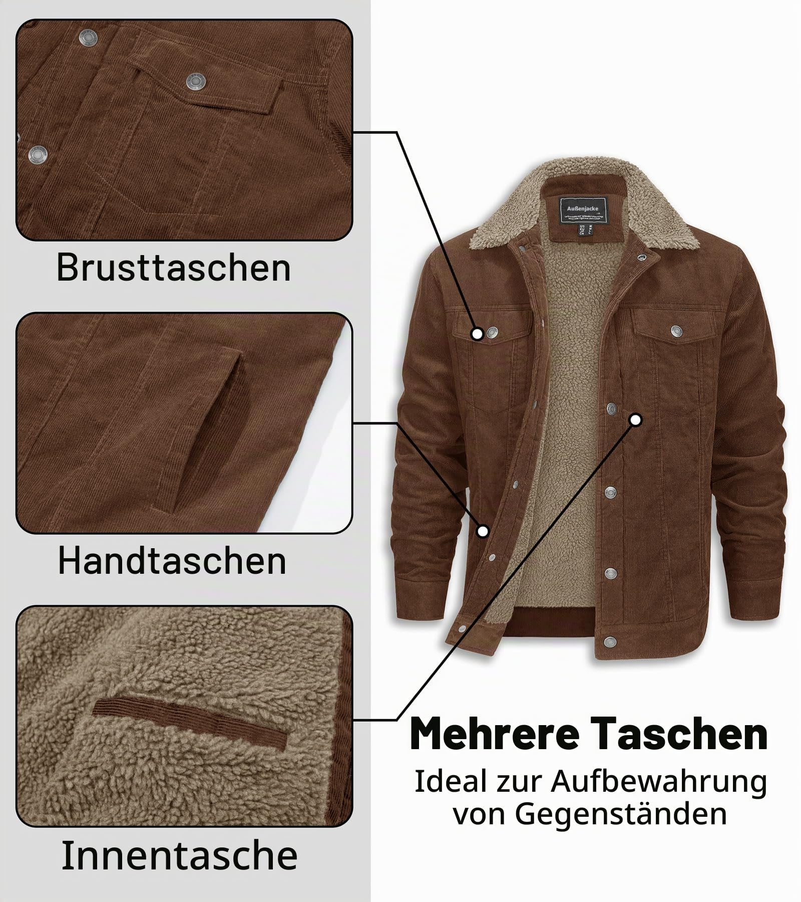 EKLENTSON Herren Warme Cordjacke Outdoor Winddicht Winterjacke | Corduroy, Winter, Regular Fit, Reverskragen, Gefütterte, Thermo, Warme, Weich, Winddicht, Hautfreundlich, Casual, Outdoor