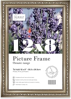 12x8 Gunmetal Ornate Picture Frame 12"x8"(30.5x20.3cm) Poster, Photo, Artwork, or Print. Elegant Style Portrait and Landscape Display with Wall Hooks