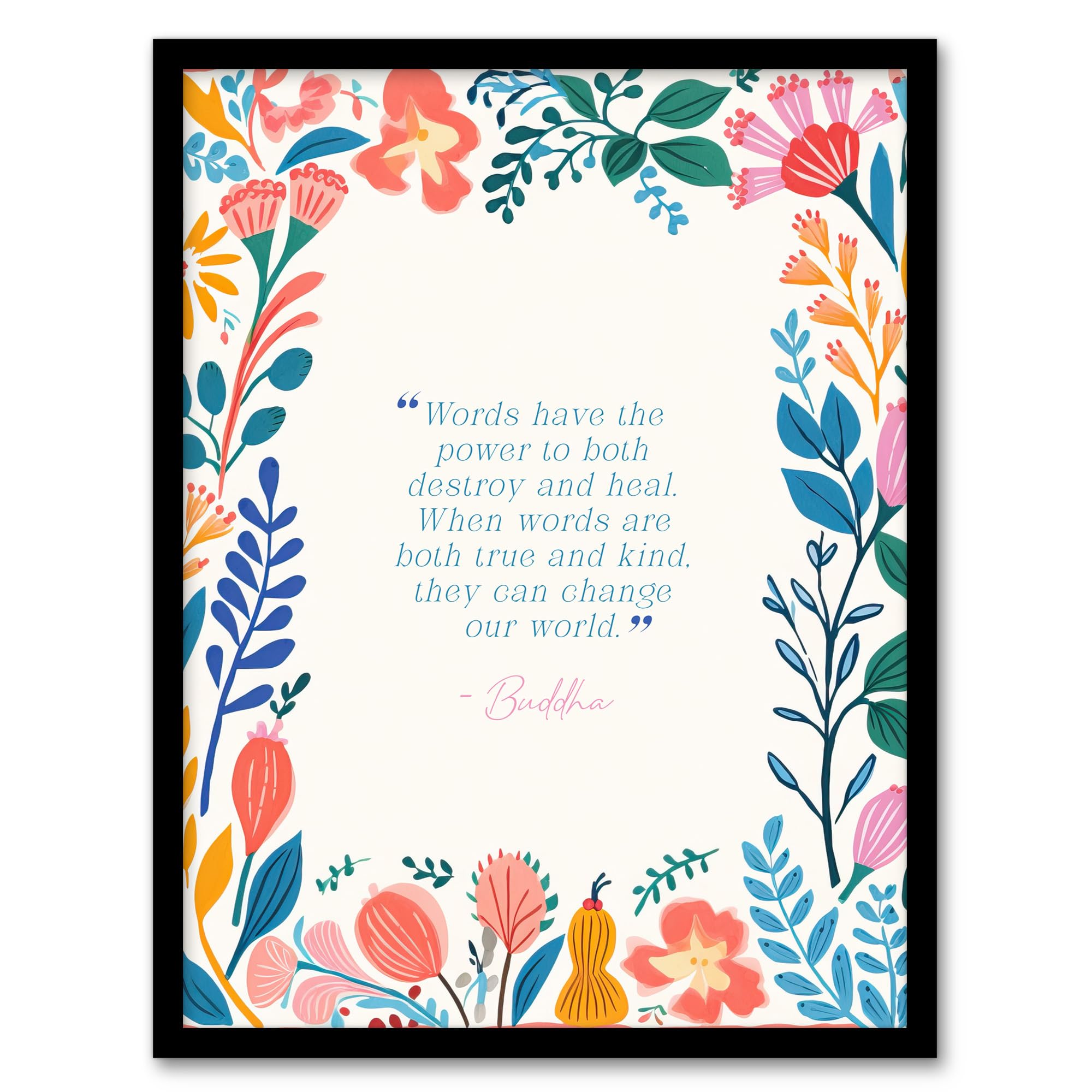 Artery8 Words Have Power Buddhist Mindfulness Quote Floral Buddha Meditation Enlightenment Vihara Artwork Framed Wall Art Print A4
