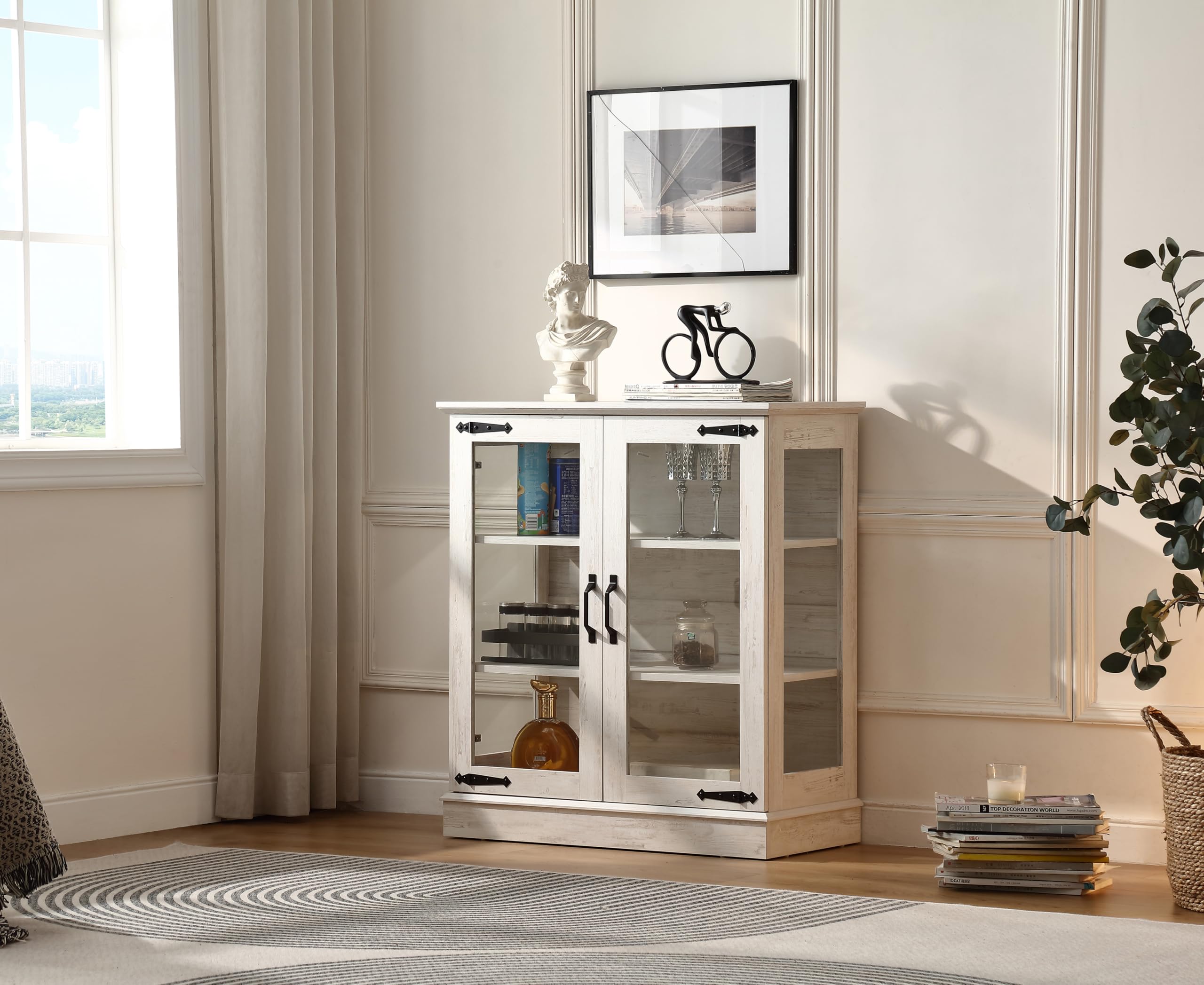 FOREST GRAVITY 31.5'' Small Accent Display Buffet Cabinet with Glass Doors for Great Showcase,Small Coffee bar Cabinet with Storage and 2 Shelves,