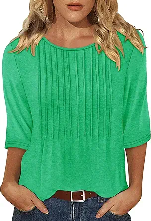 KISSMODA Tunic Tops for Women Loose Fit Dressy Round Neck Pleated 3/4 Length Sleeve Spring Tops
