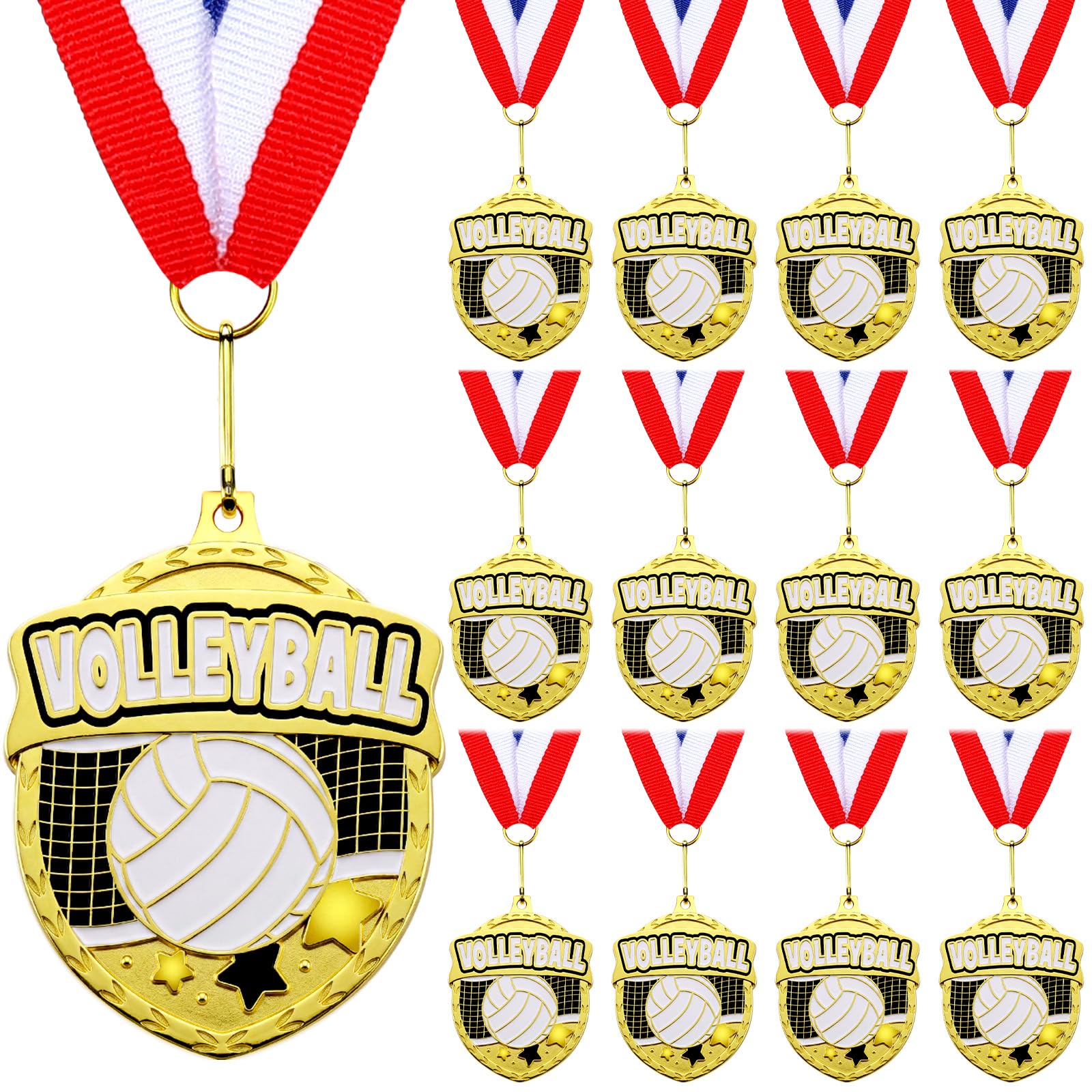12 Pcs Gold Award Medals Bulk 2.2 Inch Basketball Volleyball Royal Dance Softball Metal Medals with Neck Ribbons Metal Trophy Award Prize Gifts for Tournaments Sports Competitions