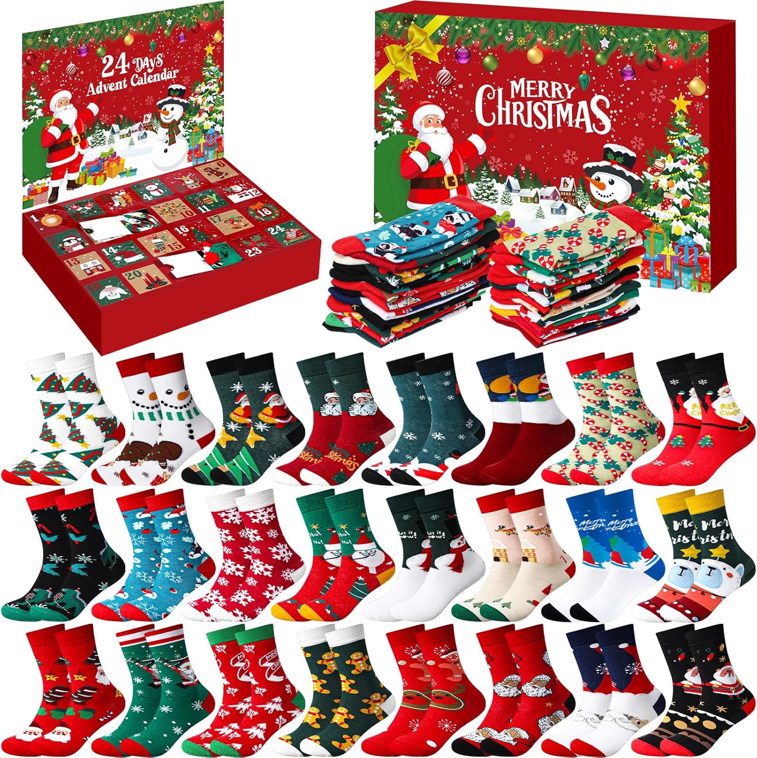 Berlune 24 Pairs Christmas Sock Advent Calendar 2025 Unisex Christmas Warm Socks 24 Days Countdown Gift Xmas Party Favors for Women Men Adults (Knitted)