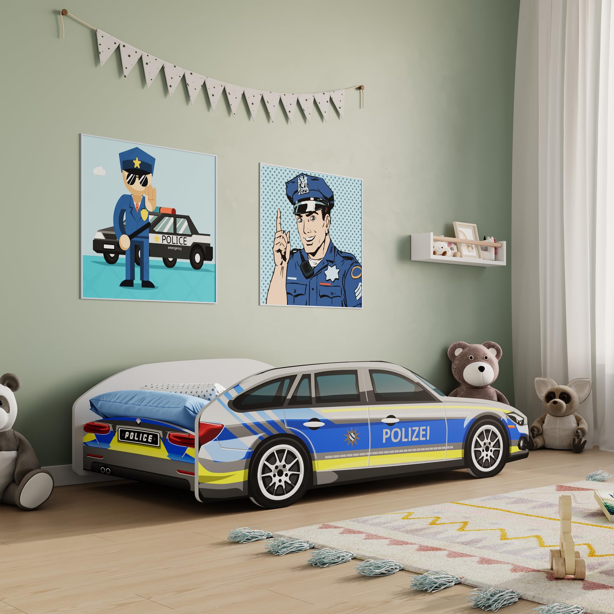 Kids Collective Autobett Kinderbett Jugendbett 70x140 & 80x160 cm mit Rausfallschutz & Matratze | 80x160 cm Polizei Polizeiauto Polizist Kinder Spielbett
