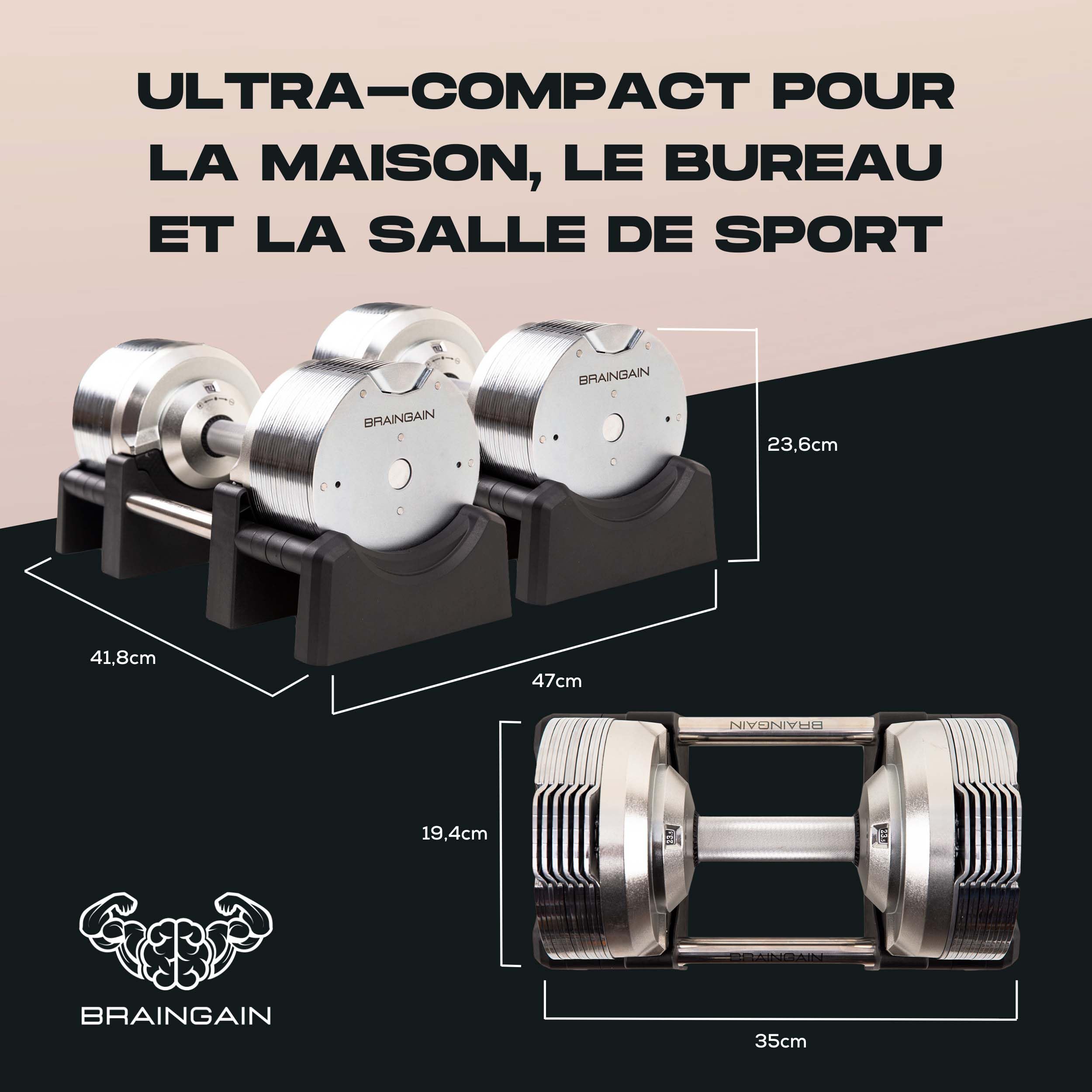 BRAINGAIN Haltères réglables - 23,5kg, 32,5kg, 41,5kg Chrome/Noir - Poids polyvalents pour la musculation à domicile