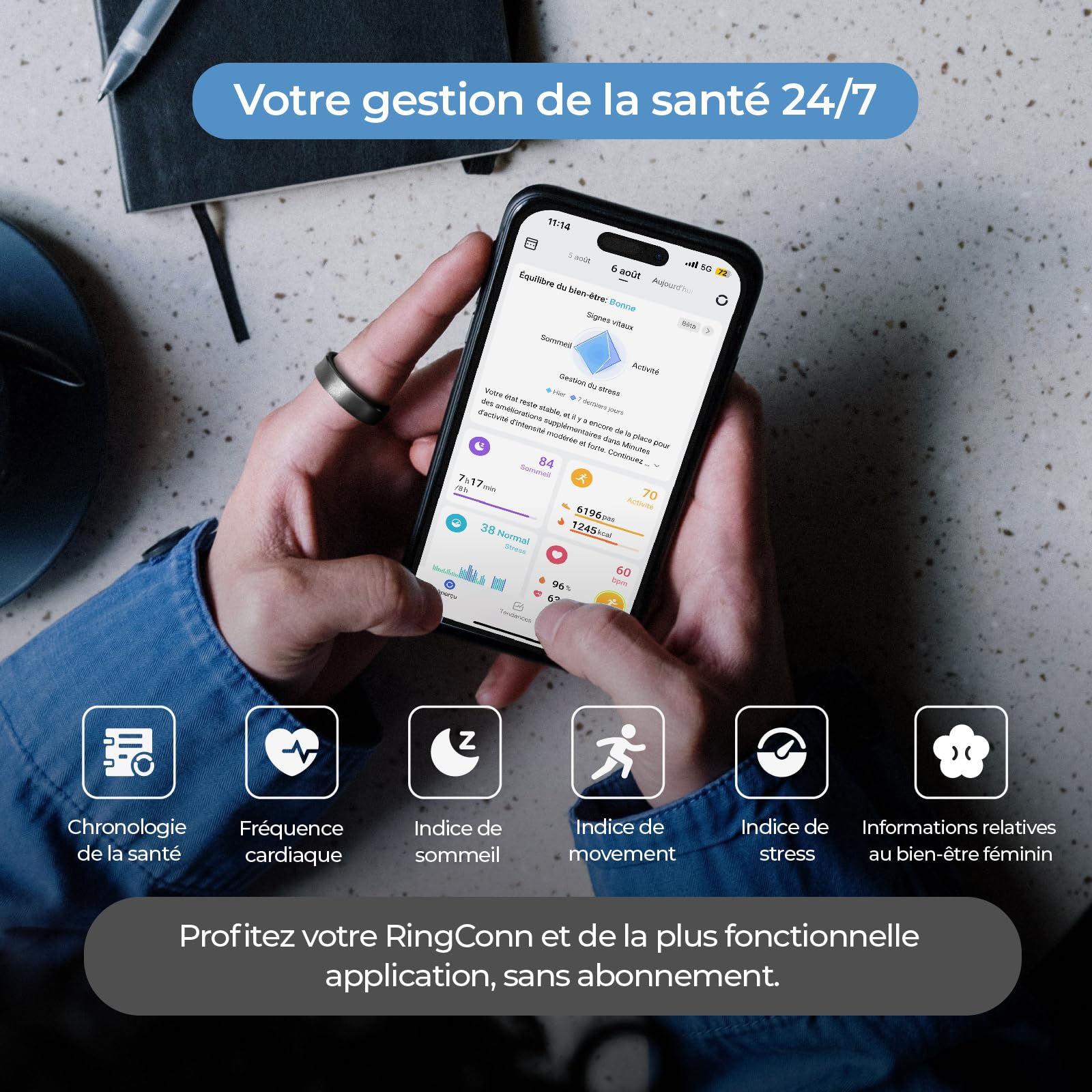 RingConn Gen 1 Smart Ring für Frauen/Herren, ohne App-Abonnement, Size First mit Größenkit, 7 Tage Akkulaufzeit, Fitness- und Schlaftracker, kompatibel mit iOS & Android (Schwarz, Größe 8)