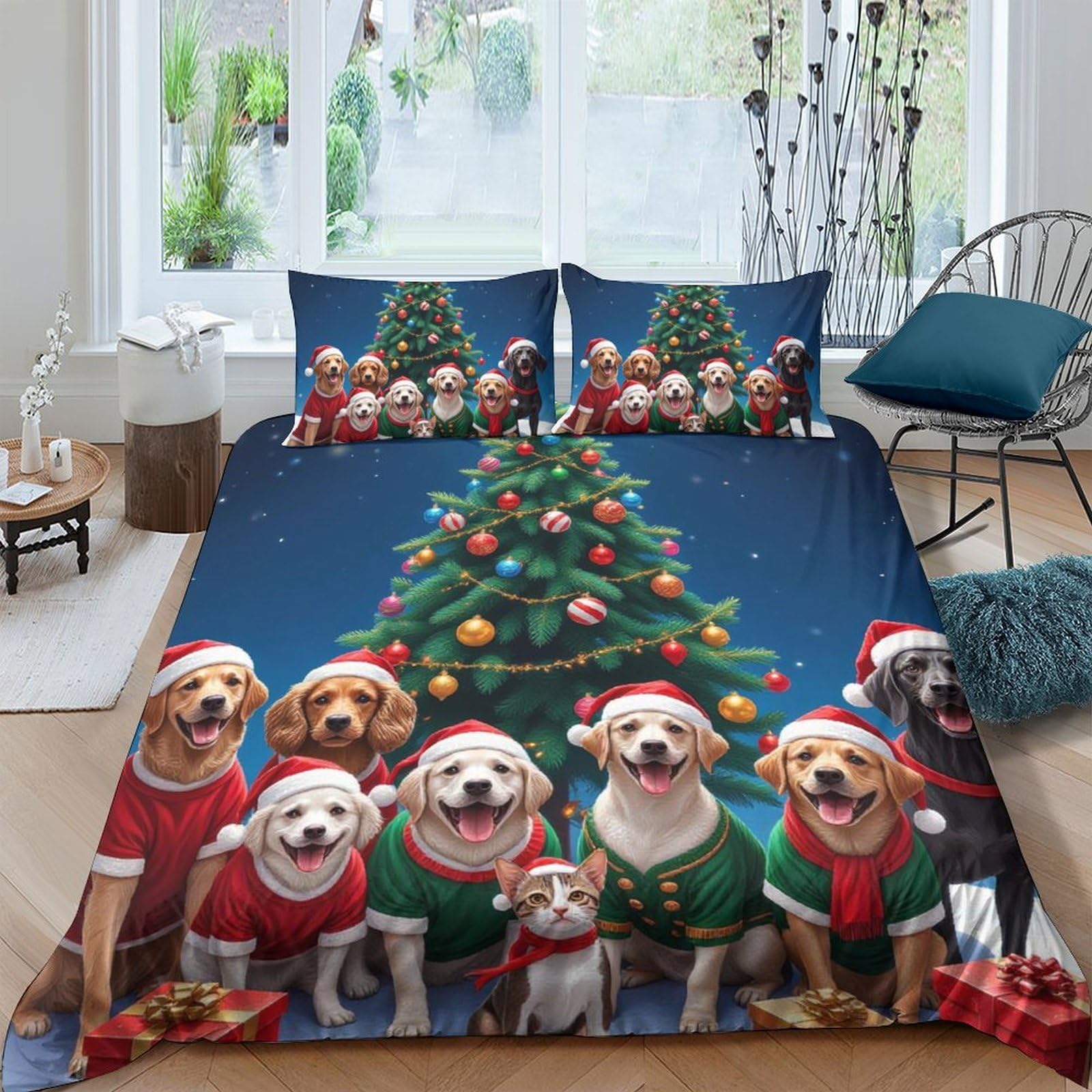 Ctjqhvkz Style-6 3D Printed Christmas Dogs Fitted Sheet Microfiber Soft Santa Tree Mattress Cover For Bedroom Guest Room Decor Single（135X200cm）