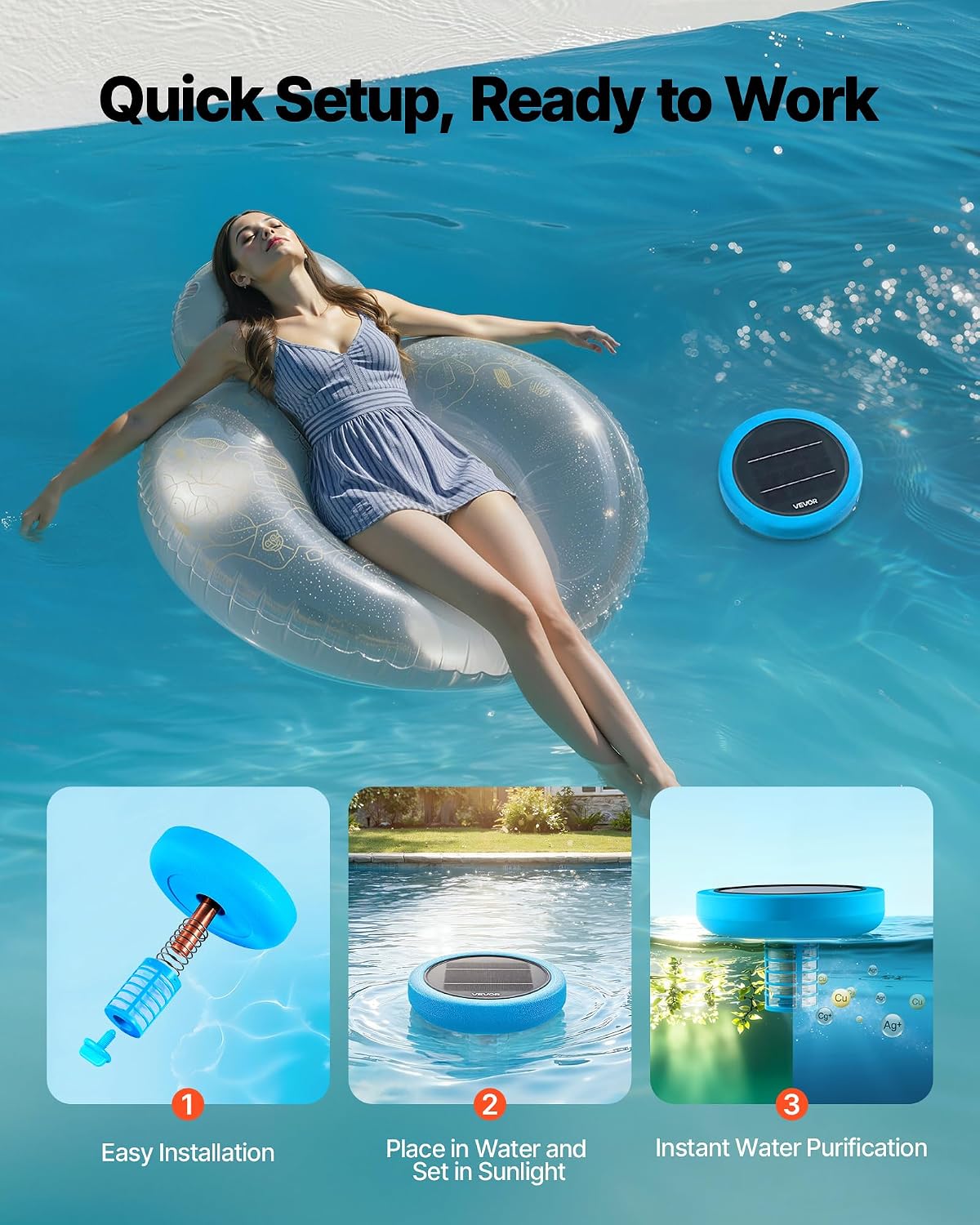 VEVOR Solar Pool Ionizer, for Pools Up to 35000 Gal, Round Copper Pool Ionizer, Floating Automatic Water Cleaner and Purifier, Chlorine-Free Water, with Copper Anode, Spring, Brush and Filter for Spas