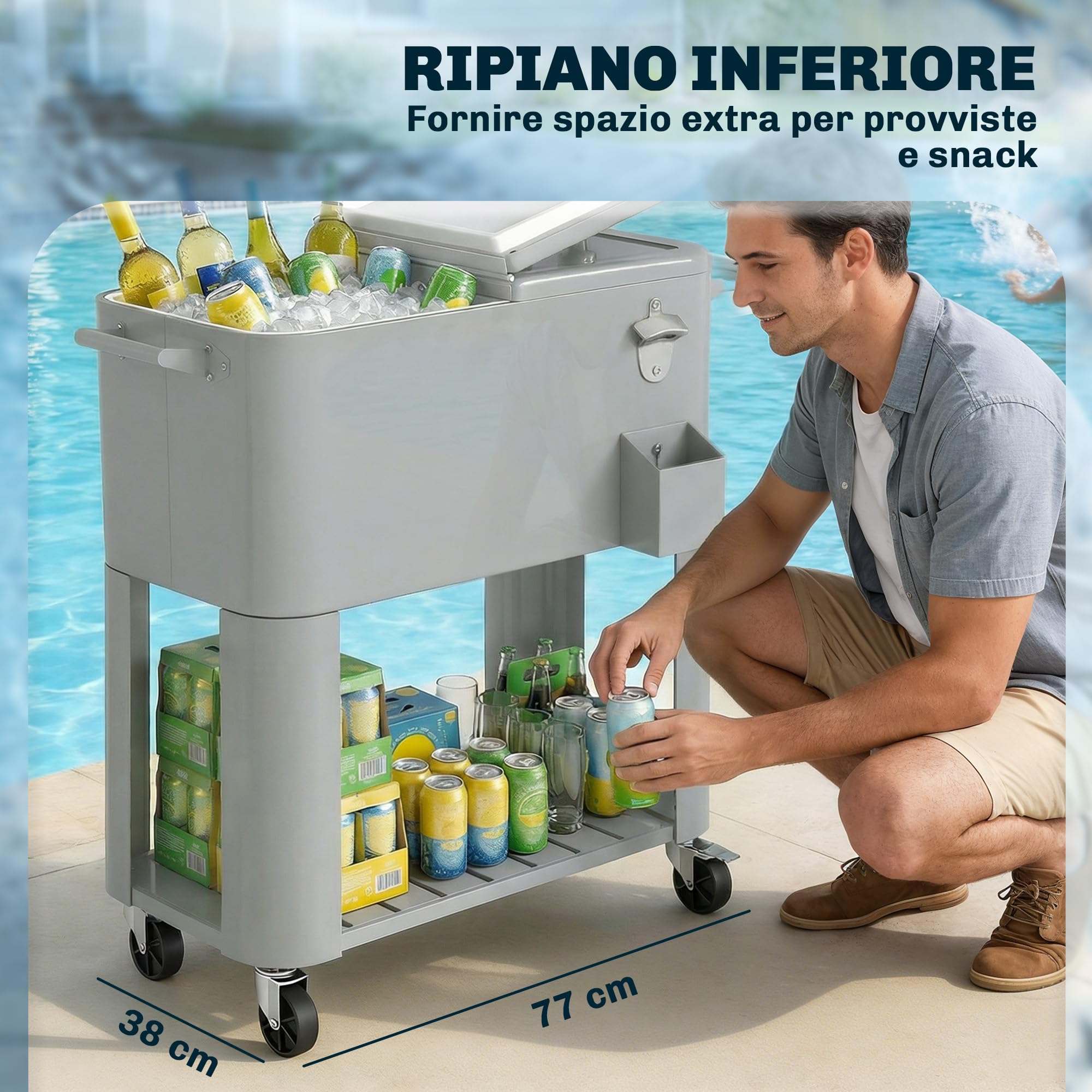 Outsunny Ghiacciaia da Giardino 76L, Carrello Portavivande con Ripiano, Apribottiglie, Ruote Bloccabili, Argento