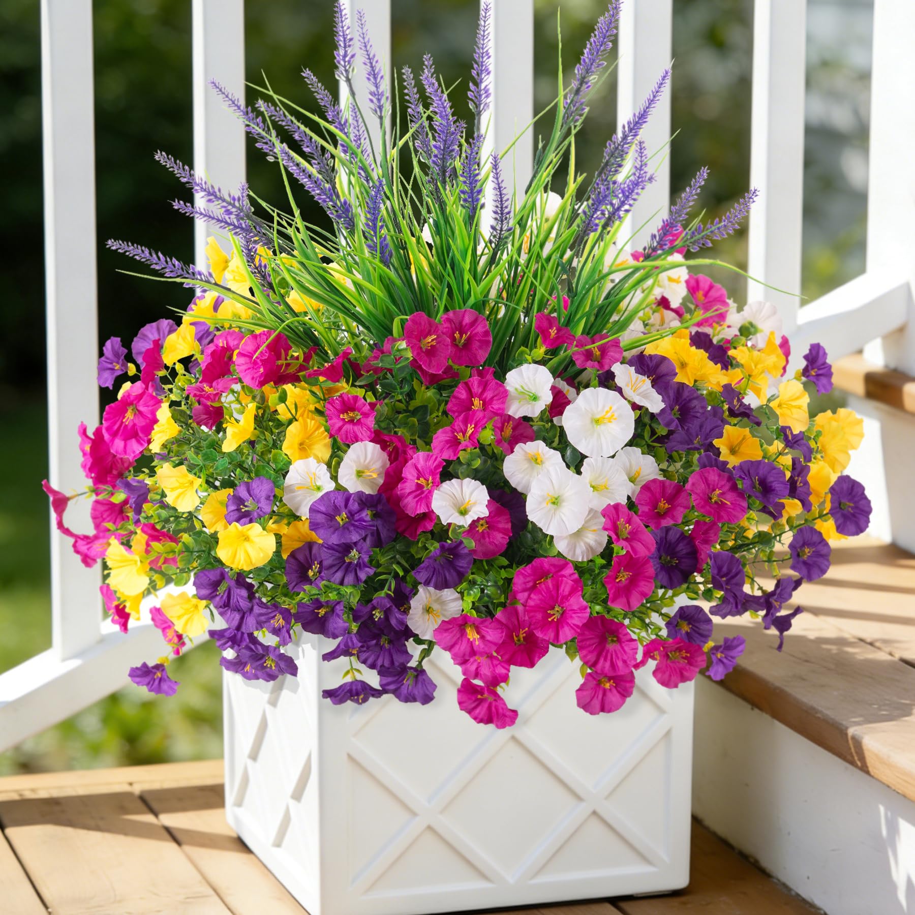 Artificial Flowers Fake Plants for Outdoors Decoration, 12 Bundles Silk Morning Glory with 2PCS Lavender Realistic UV Resistant Faux Spring Flowers for Outside Planter Yard Patio Garden Home Indoor