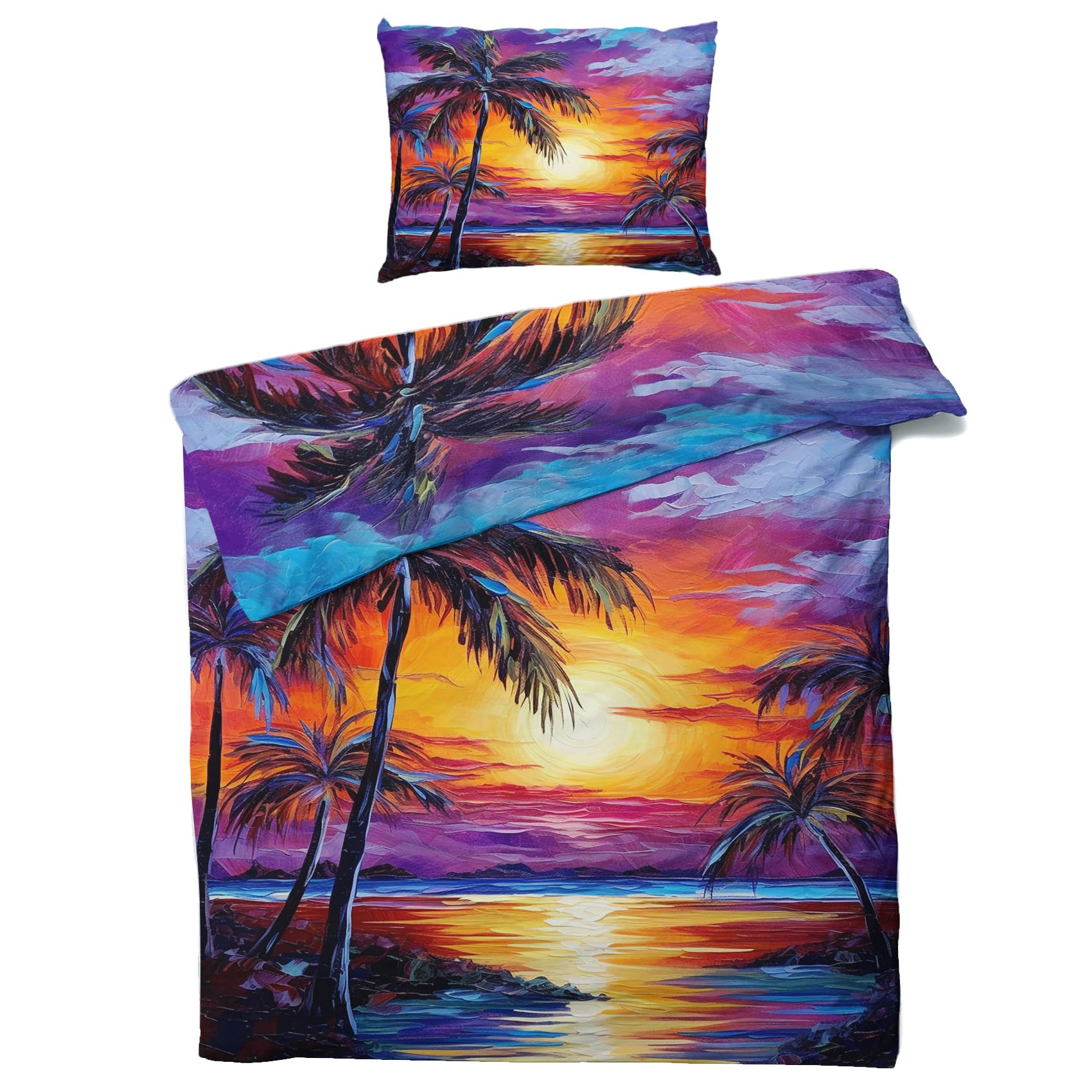 Palmen Bettwäsche 200x200 - Hawaii Sonnenuntergang Strand Motiv, Weiche und Angenehme Microfaser Bettbezug Set 3 Teilig, 2 Kissenbezug 80x80, mit Reißverschluss, Wendebettwäsche & Zimmer Deko