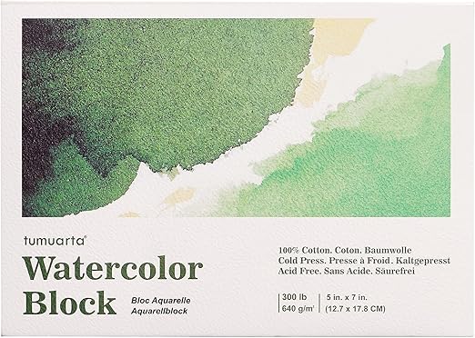 tumuarta Watercolor Block 300 LB, 640 GSM, 100% Cotton, 5X7”, 10 Sheets, Acid Free, Cold Press, Watercolor Paper Board Sketch Books for Watercolors, Acrylic and More Dry & Wet Media