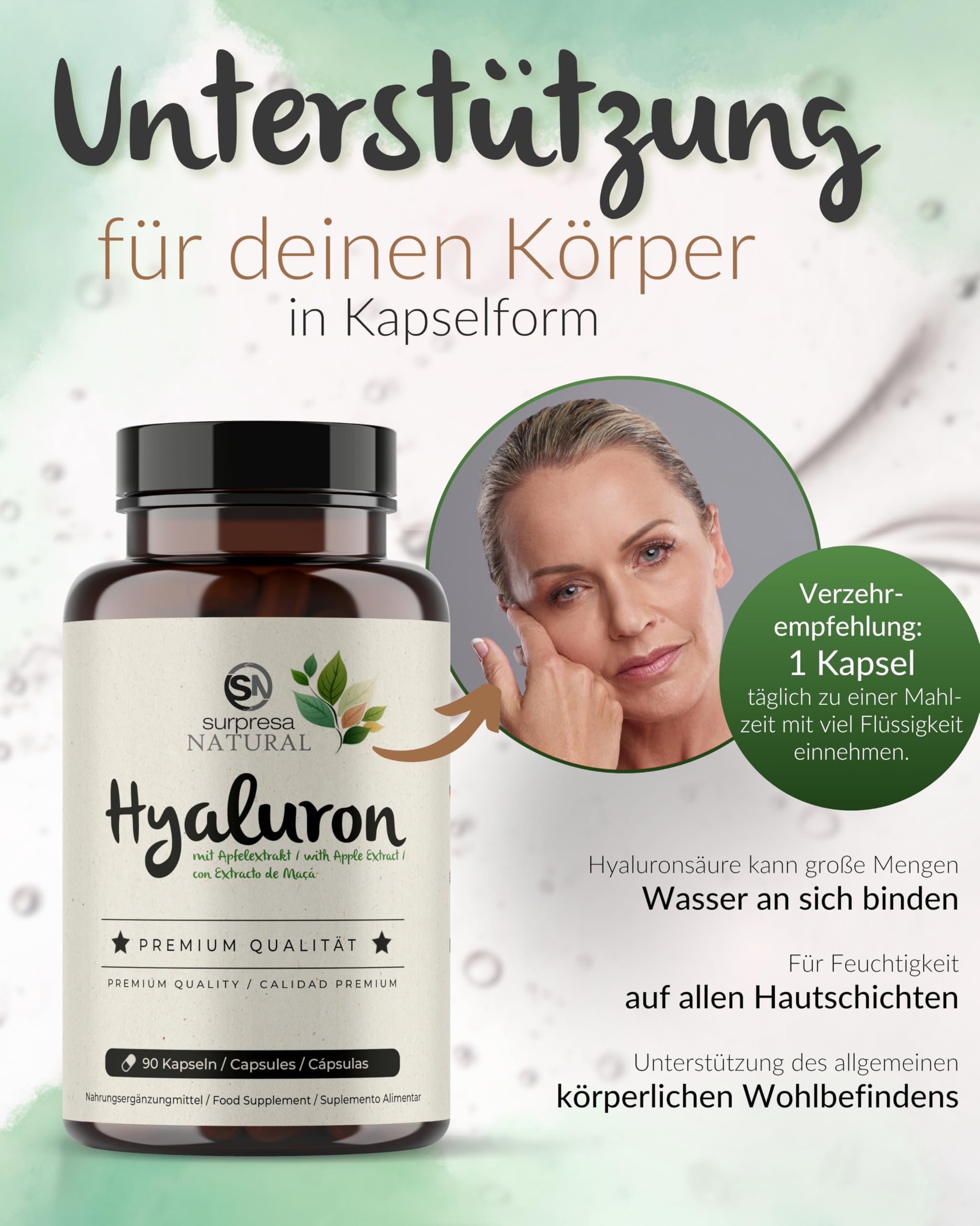 Hyaluronsäure Kapseln hochdosiert I 3x 90 Kapseln mit Apfel Extrakt I 500 mg Hyaluronsäure mit 500-700 kD pro Kapsel I Hyaluron Kapseln I vegan & laborgeprüft