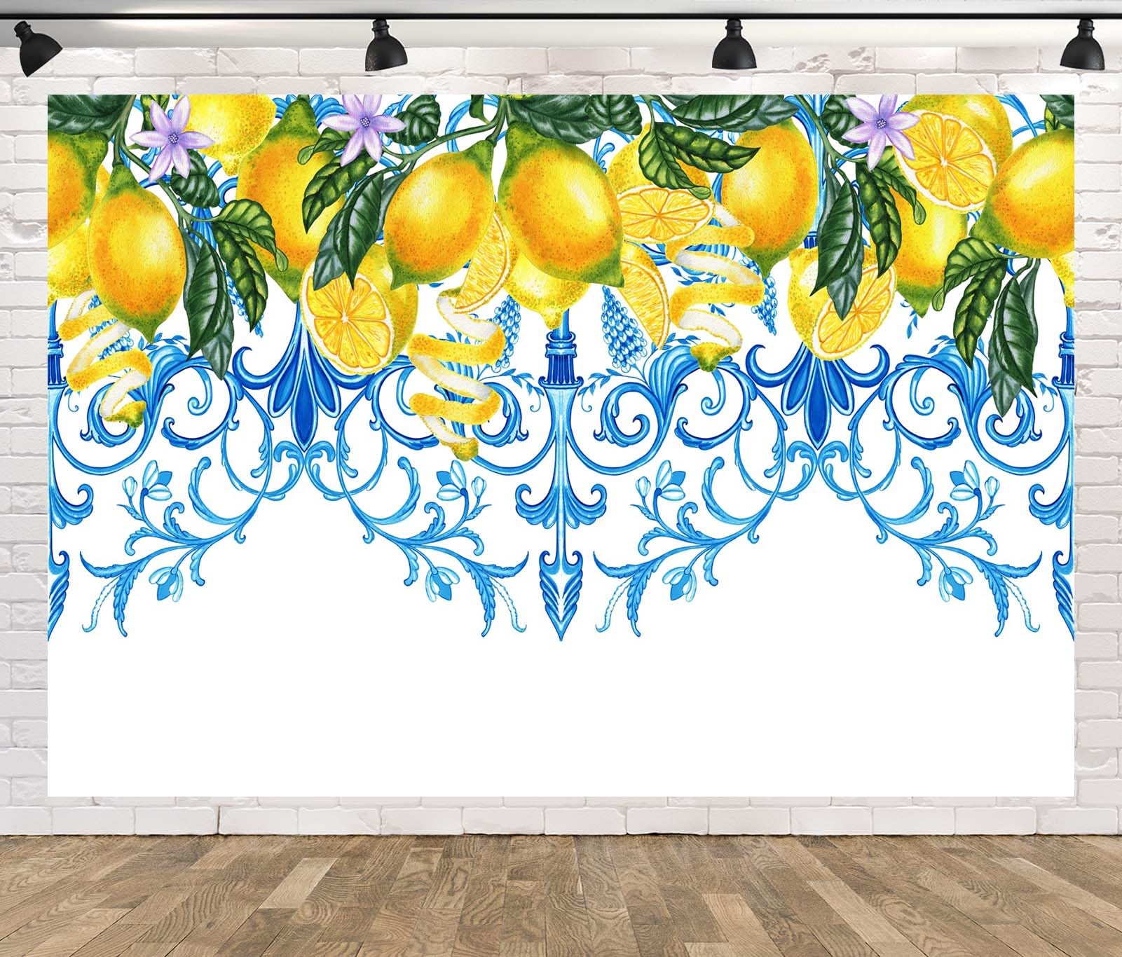 BELECO 3x2.5m Fotohintergrund Stoff Blaue Fliesen Zitrone Sizilianische Majolika Aquarell Zitronen Mittelmeer Hintergrund Sommer Party Banner Fotostudio Zubehör
