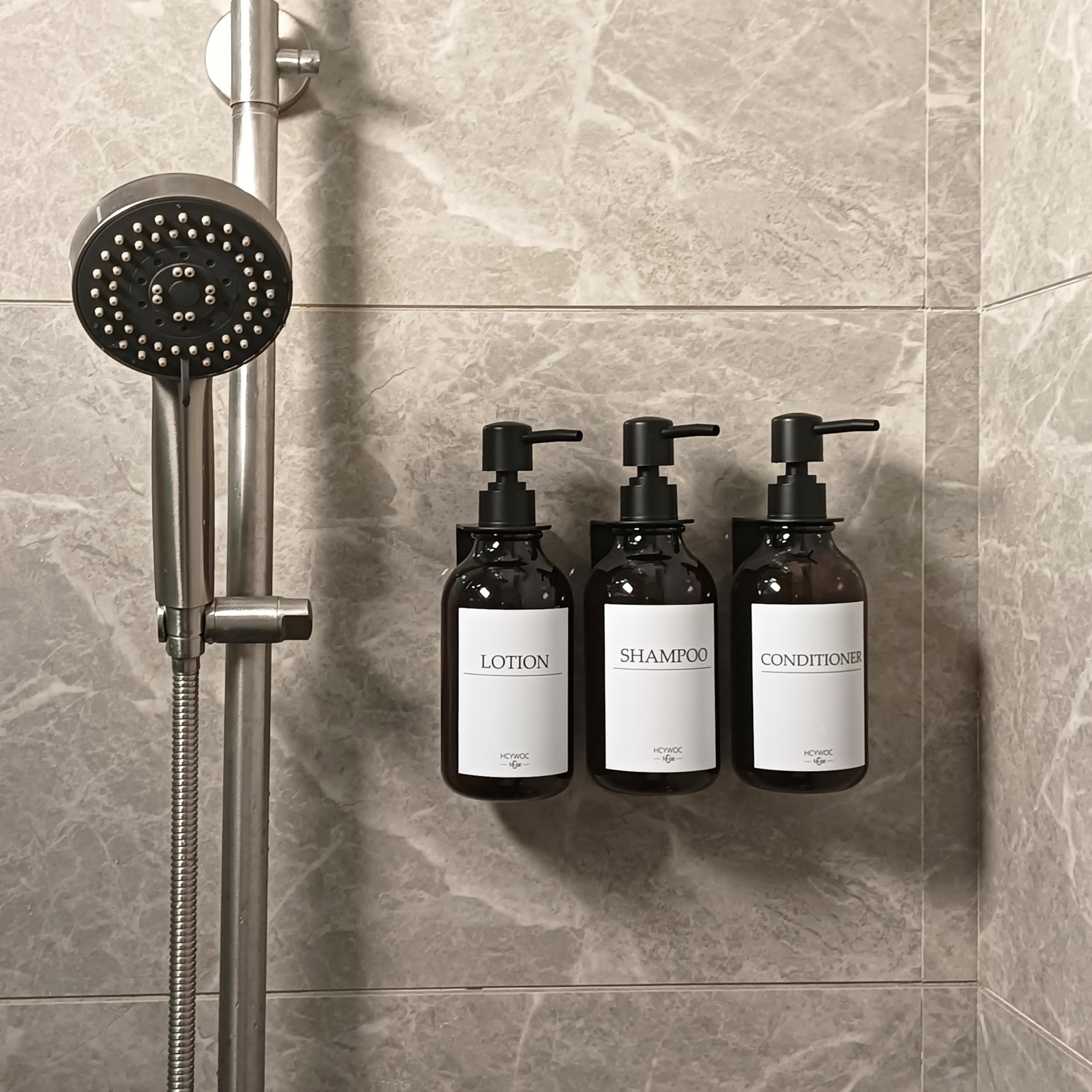 3 Pezzi Dispenser Sapone Bagno a Muro, 500ml Dispenser Sapone Senza Foratura, Con 16 Etichette Impermeabili, Per Bagno Cucina Shampoo Balsamo Bagnoschiuma - Ambra