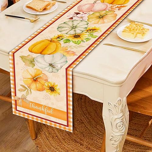 Miniatura 5 de Camino de mesa de otoño, camino de otoño, calabazas de hola otoño, gnomos para mesa de 72 pulgadas, decoración de cuadros de búfalo naranja